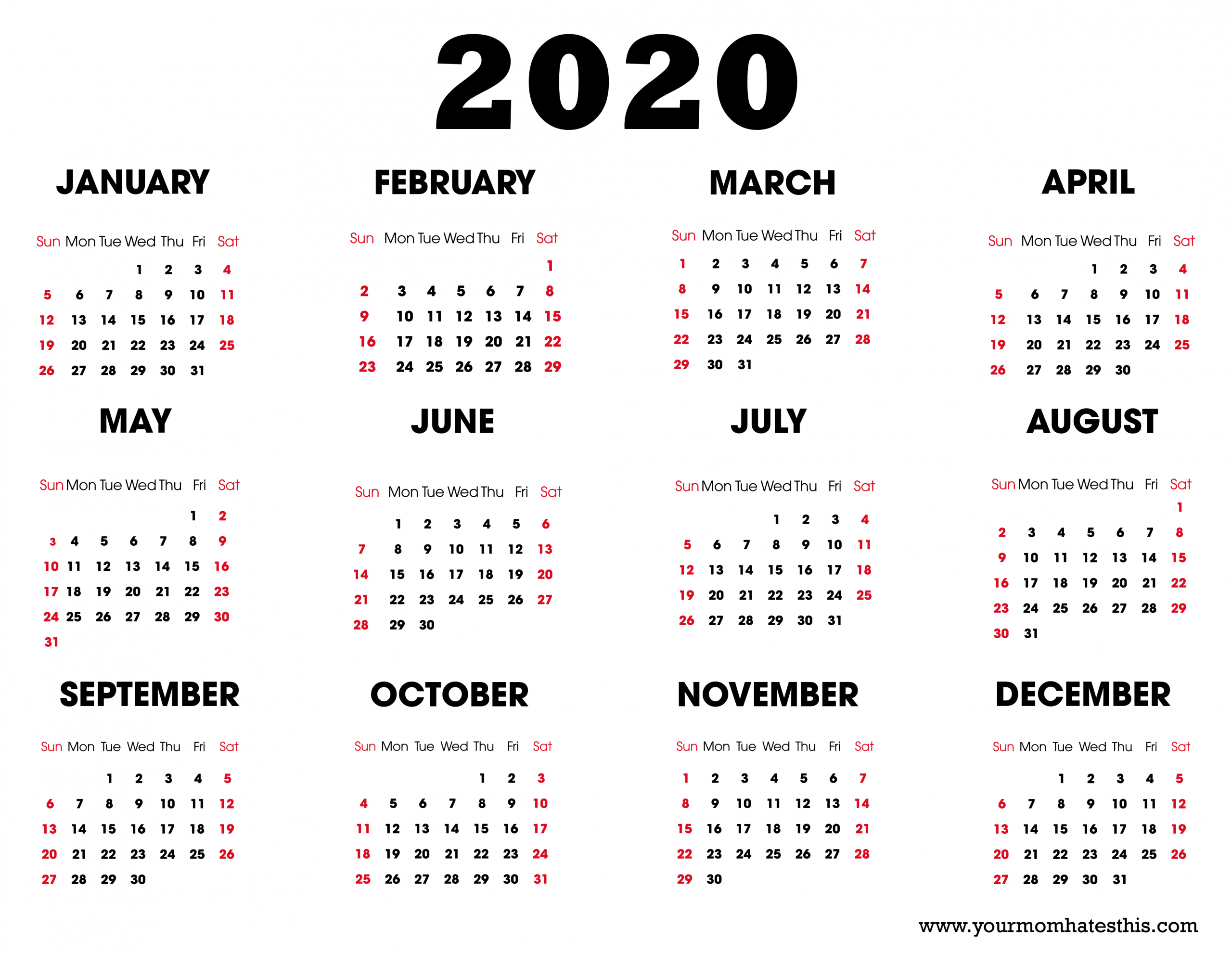 12 Months 2020 Calendar - Togo.wpart.co