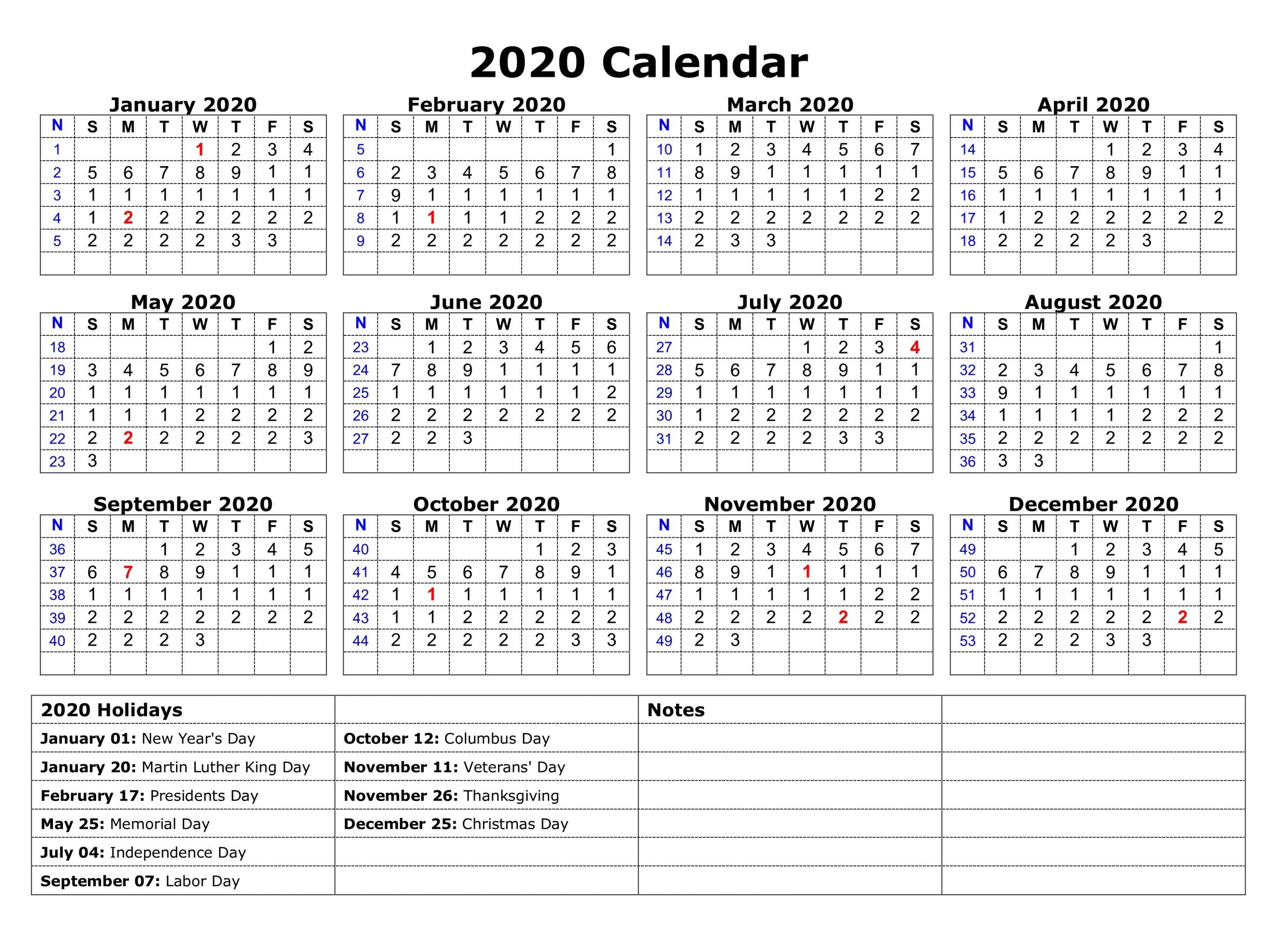 12 Months 2020 Printable Calendar With Holidays | Calendar 2020
