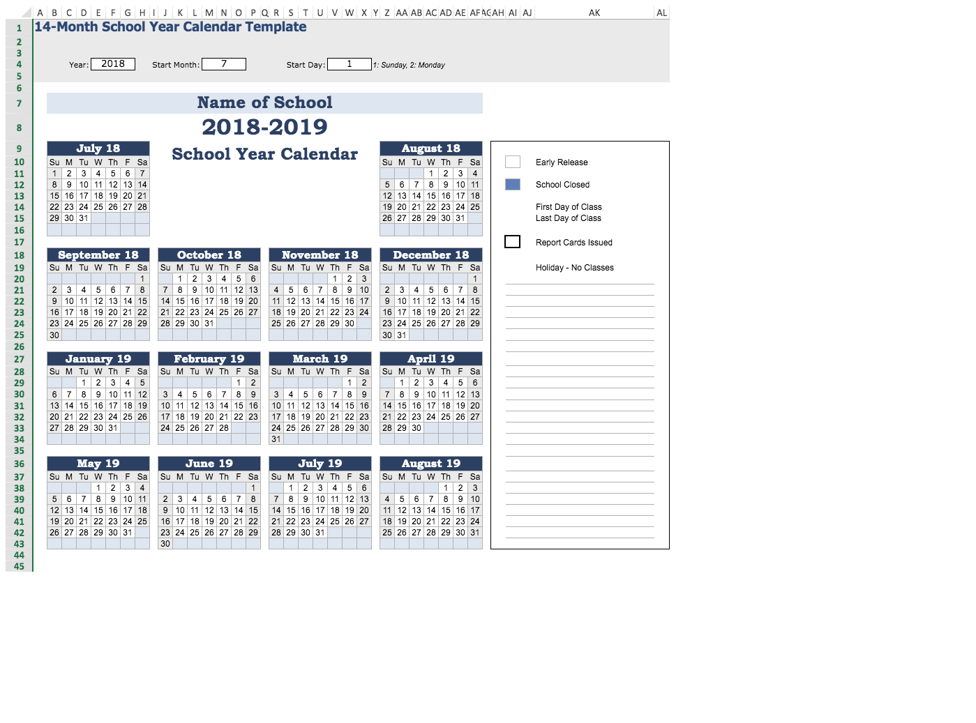 14-Month School Year Calendar Template | Visual Paradigm Tabular