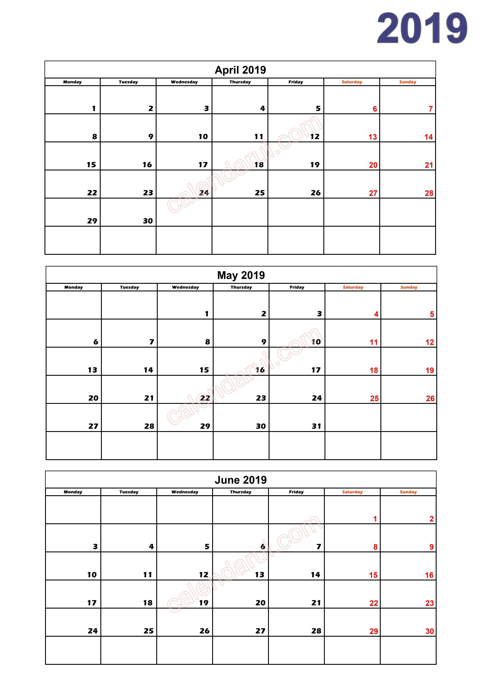 2 Quarter 2 Calendar 2019 Printable Download Free_2 | Free