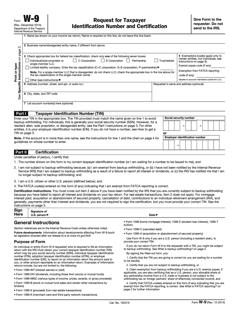 2014 Form Irs W-9 Fill Online, Printable, Fillable, Blank