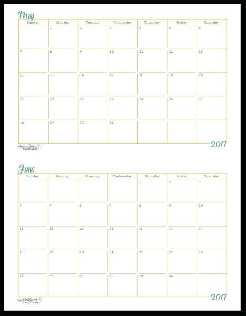2017 Half-Size Monthly Calendar Printables | Страницы Для