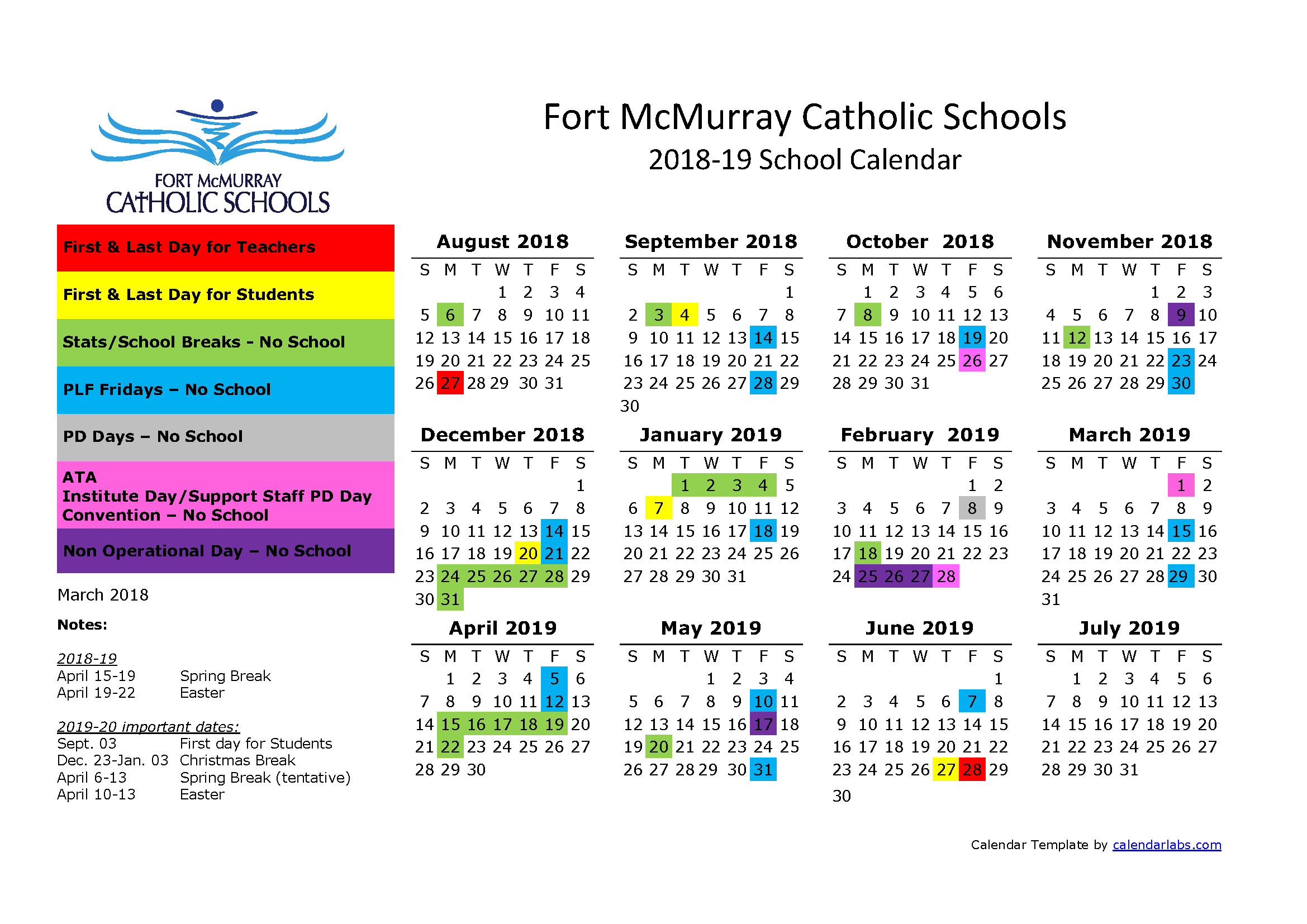 2018-19 School Calendar | Fort Mcmurray Catholic Schools