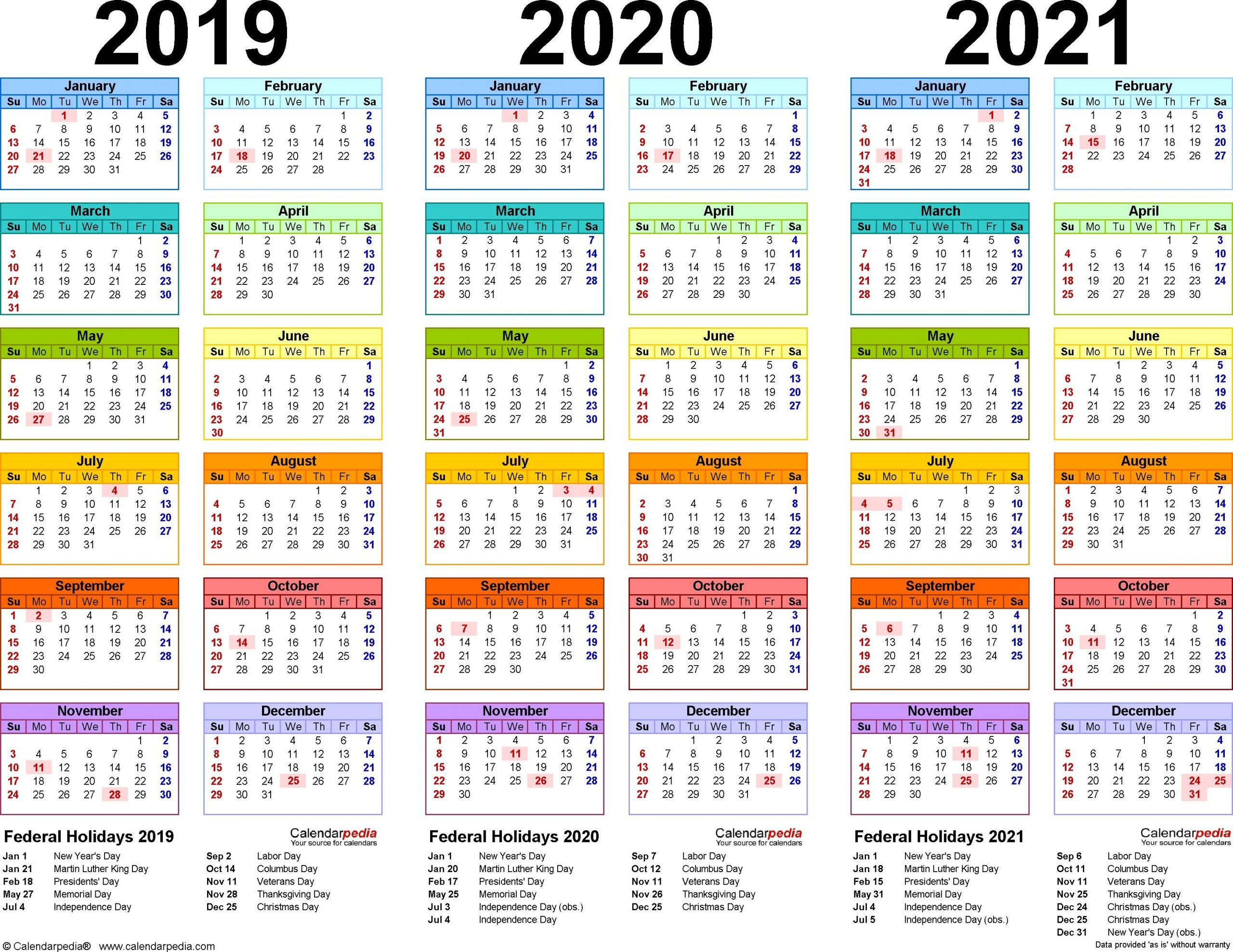 2019/2020/2021 Calendar - 4 Three-Year Printable Pdf