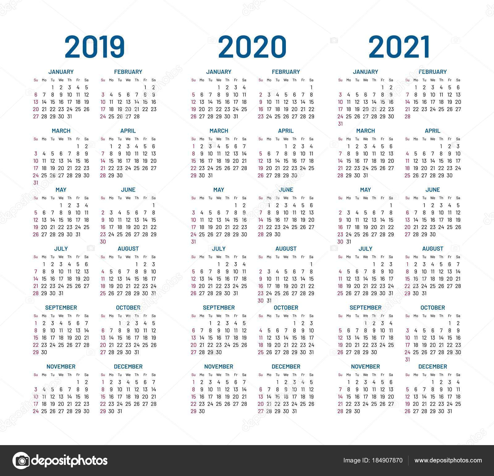 2019 2020 2021 Году Календарь Вектор — Векторное Изображение