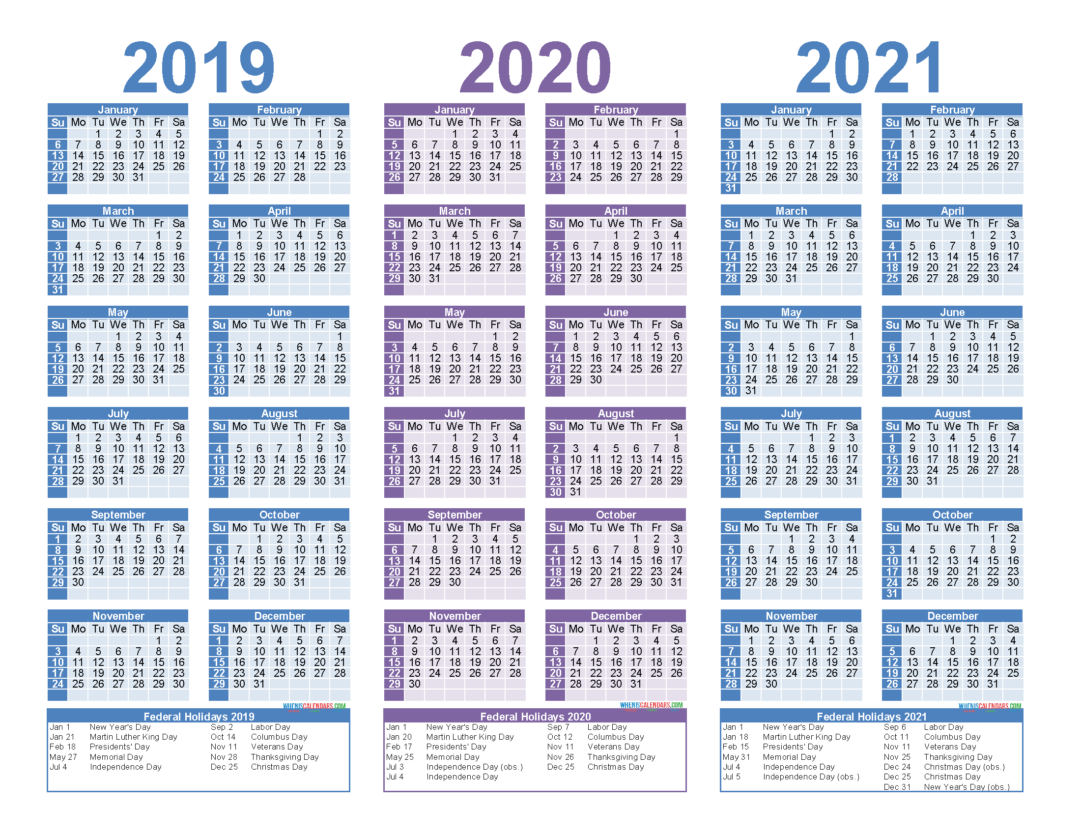 2019 2020 2021 Free Calendar Template 3 Year Calendar