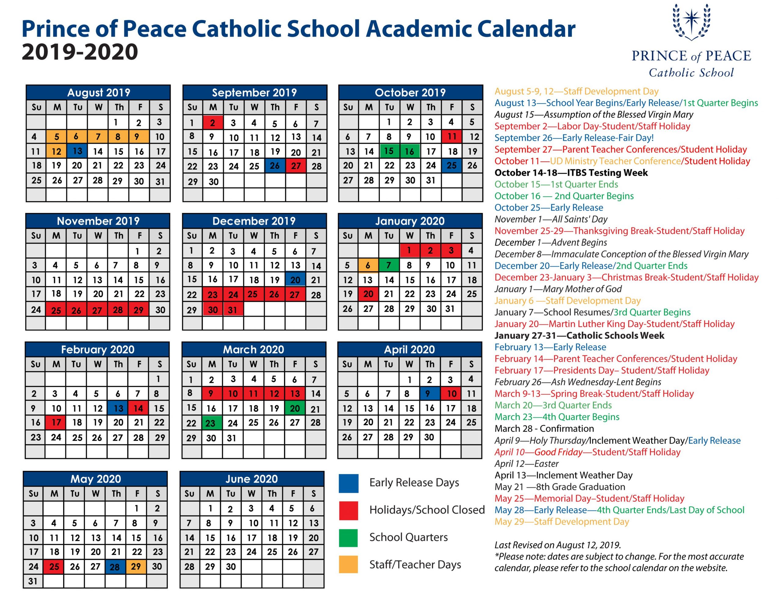 2019 - 2020 Academic Calendar - Prince Of Peace Catholic School