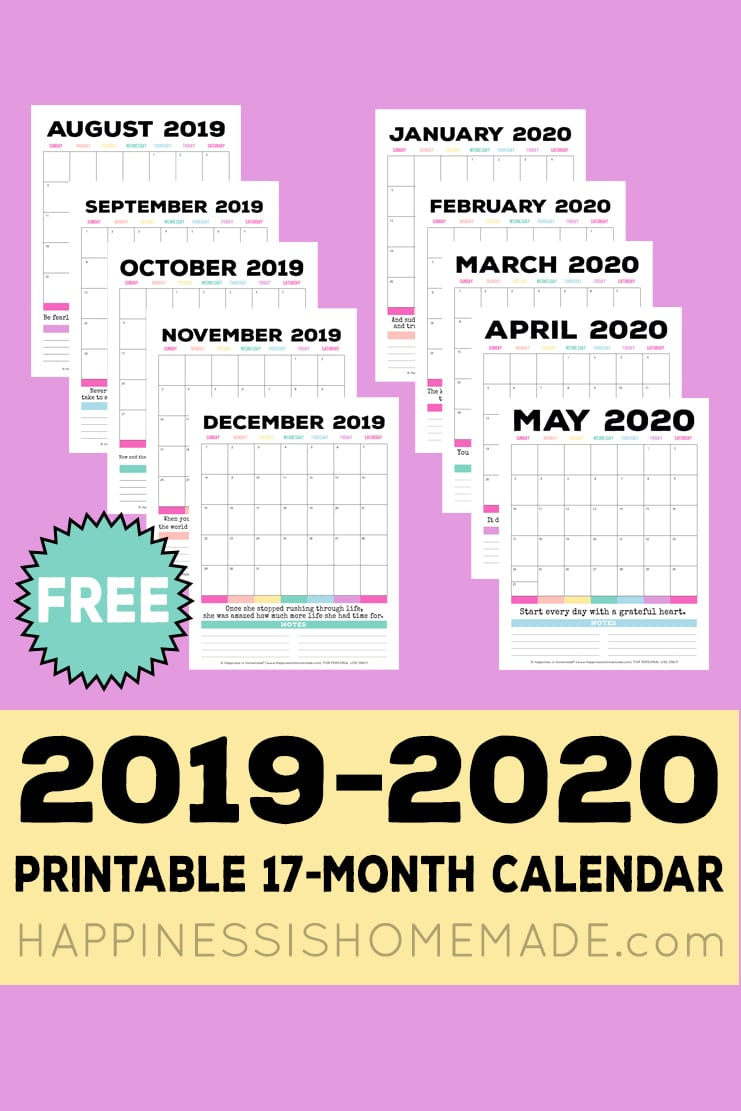 2019-2020 Free Printable Monthly Calendar - Happiness Is