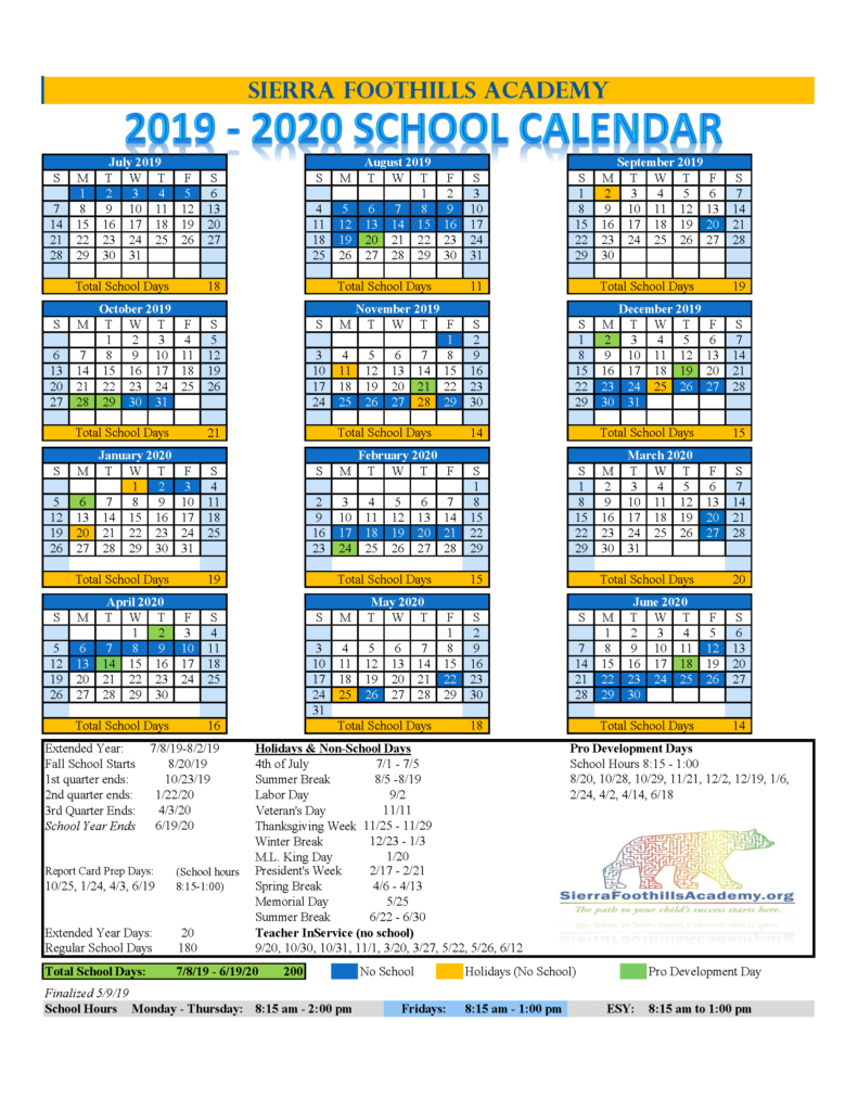 2019-2020 School Calendar – Sierra Foothills Academy