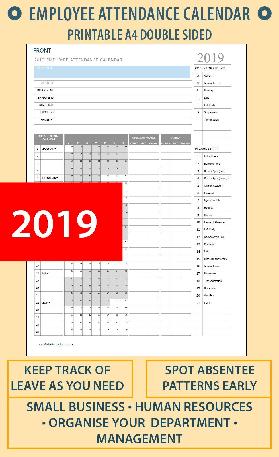 2019 A4 Printable Employee Attendance Calendar/tracker For