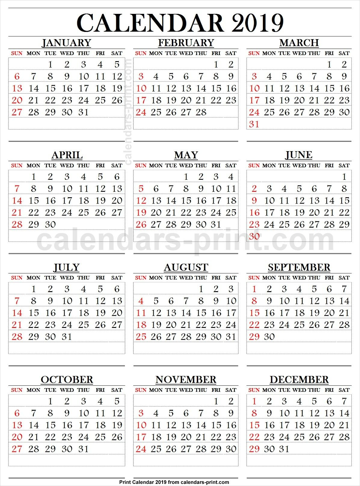 2019 Calendar Large Numbers | 2019 Calendar, Calendar 2019