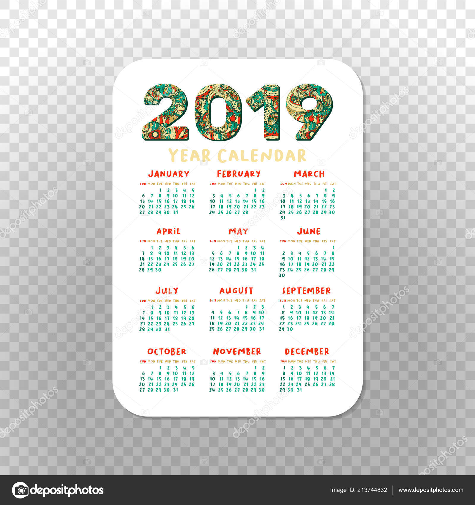 2019 Pocket Calendar Basic Grid Vector Vertical Orientation