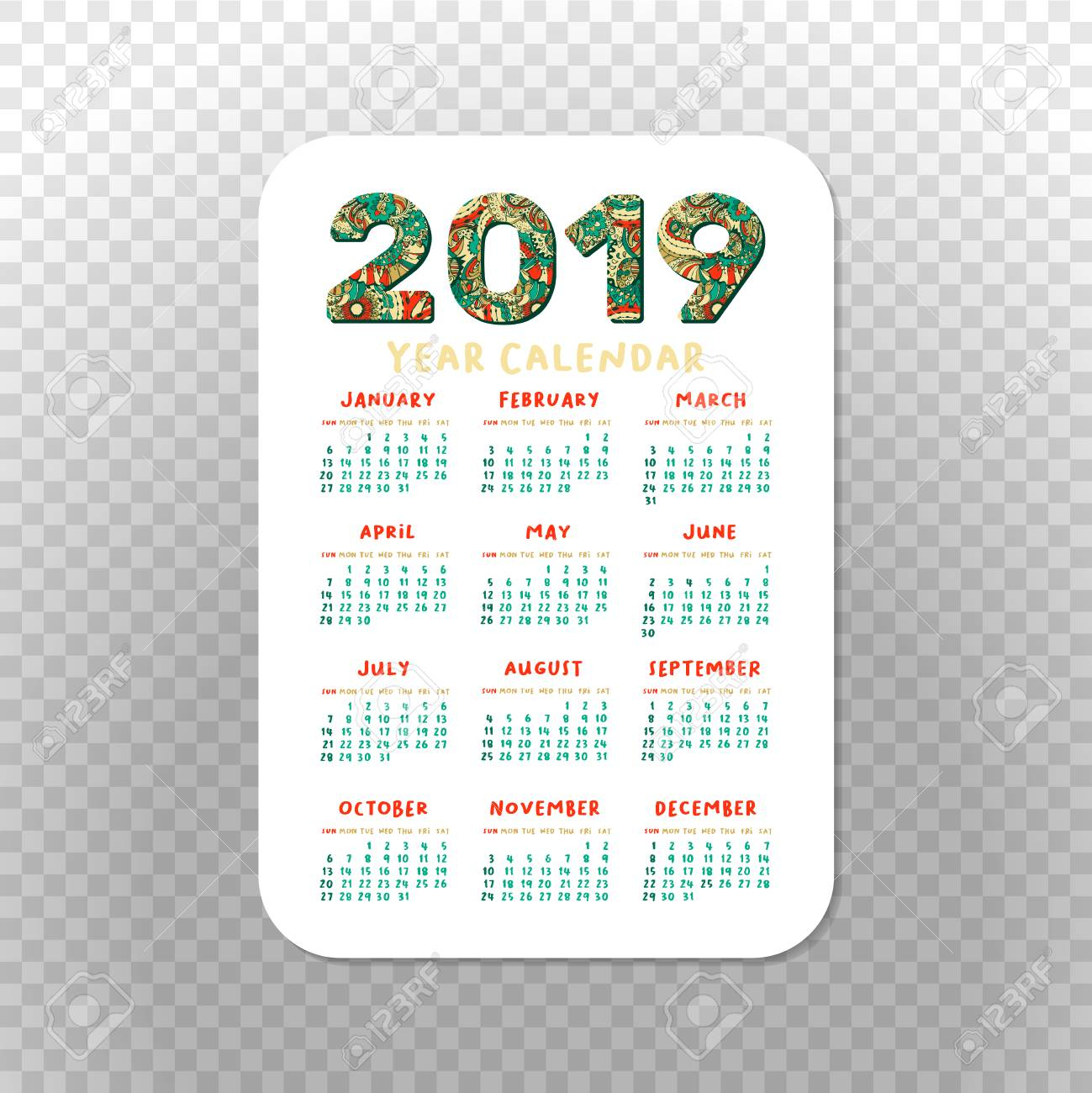 2019 Pocket Calendar Basic Grid. Vector Vertical Orientation