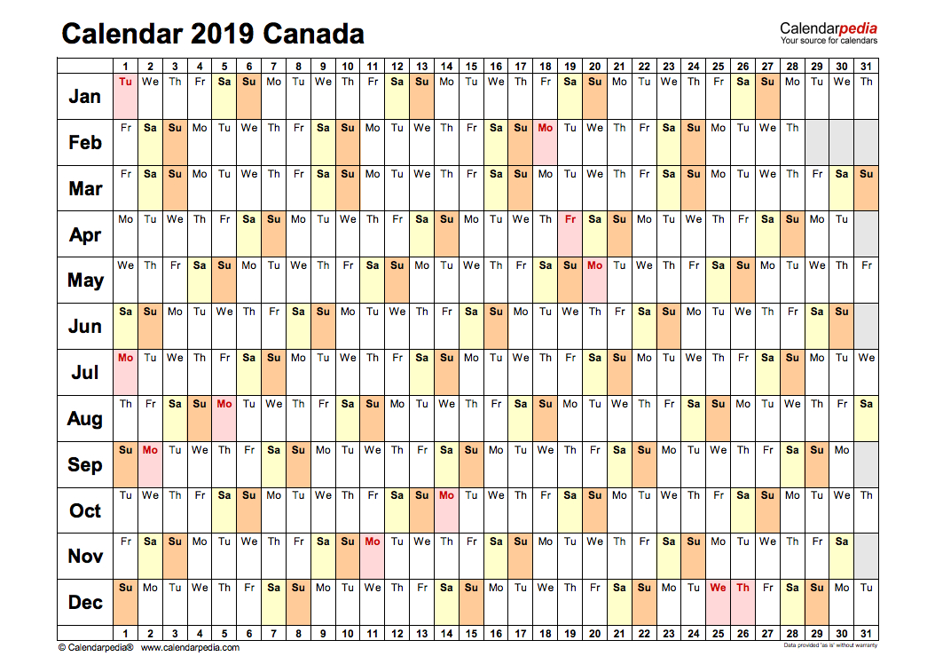 2019 Yearly Calendar For Canada - Holidays, Pdf, Word, Excel