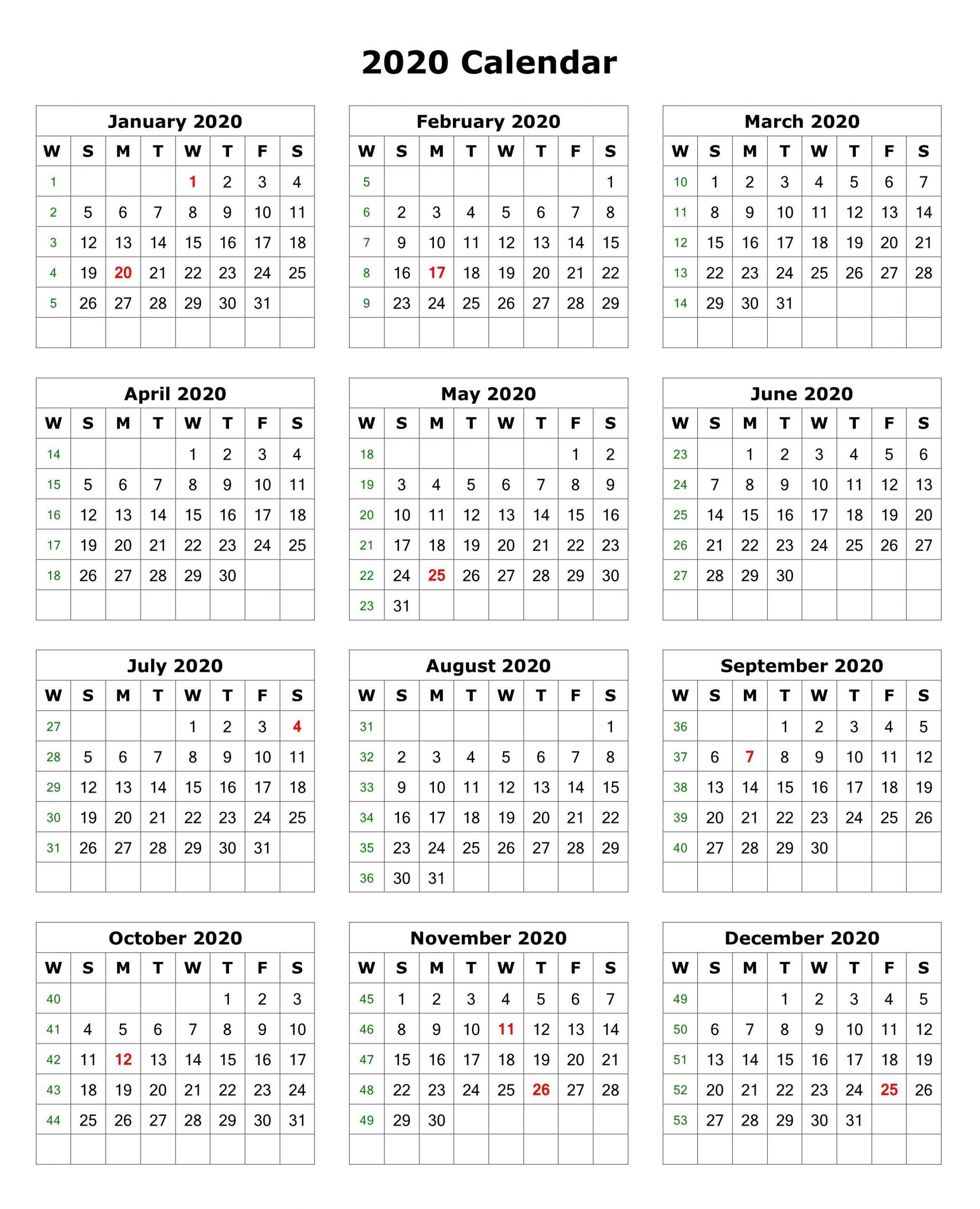 2020 12 Month Calendar Template - Togo.wpart.co