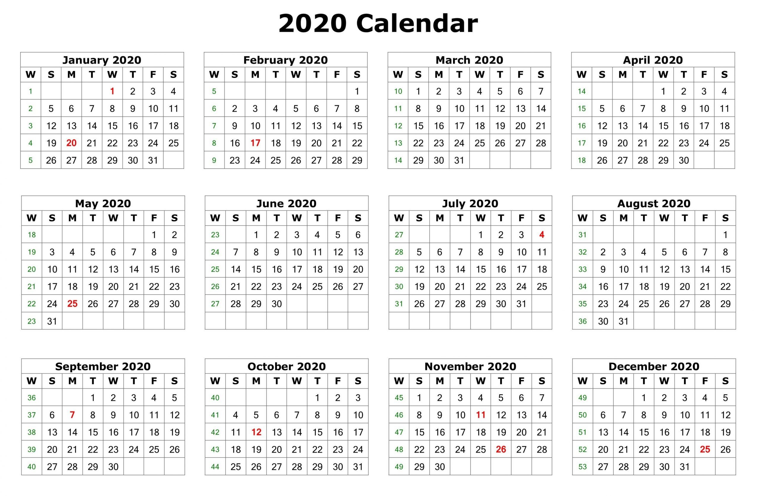 2020 12 Months Calendar Printable | Printable Calendar 2020