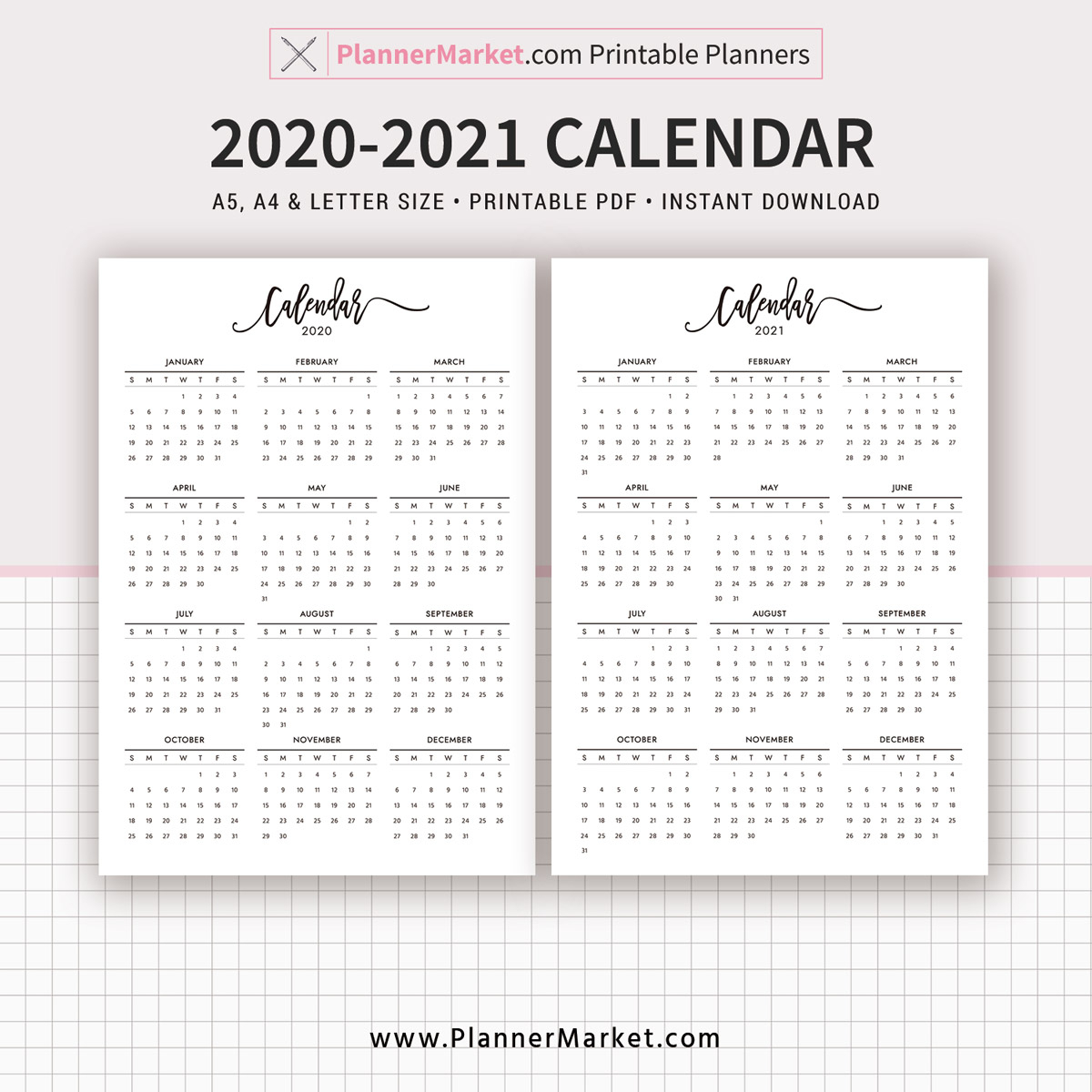 2020-2021 Calendar Printable, Year At A Glance, Filofax A5