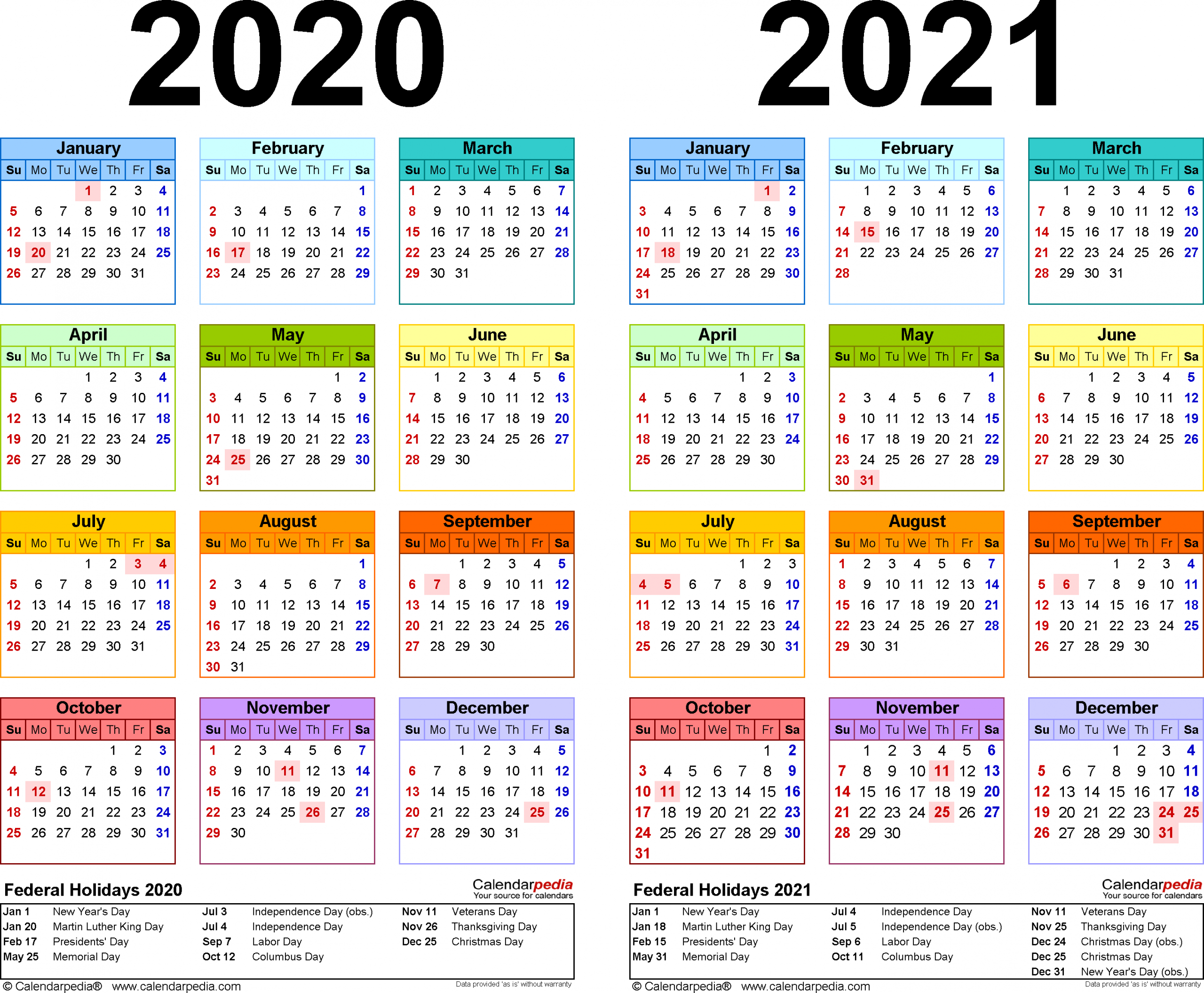 2020-2021 Two Year Calendar - Free Printable Word Templates