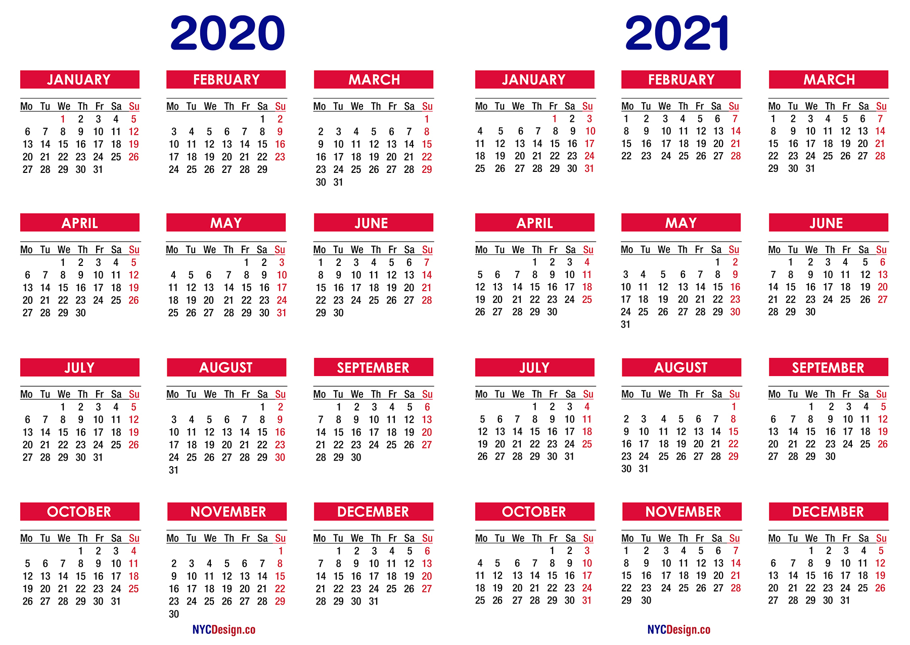 2020 – 2021 Two Year Calendar Printable Free – Nycdesign.co
