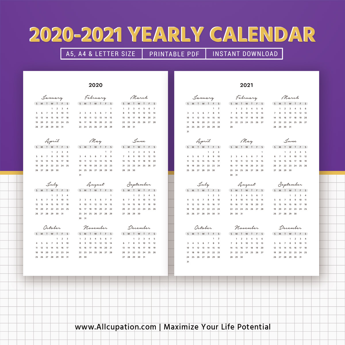 2020-2021 Yearly Calendar, Year At A Glance, Printable