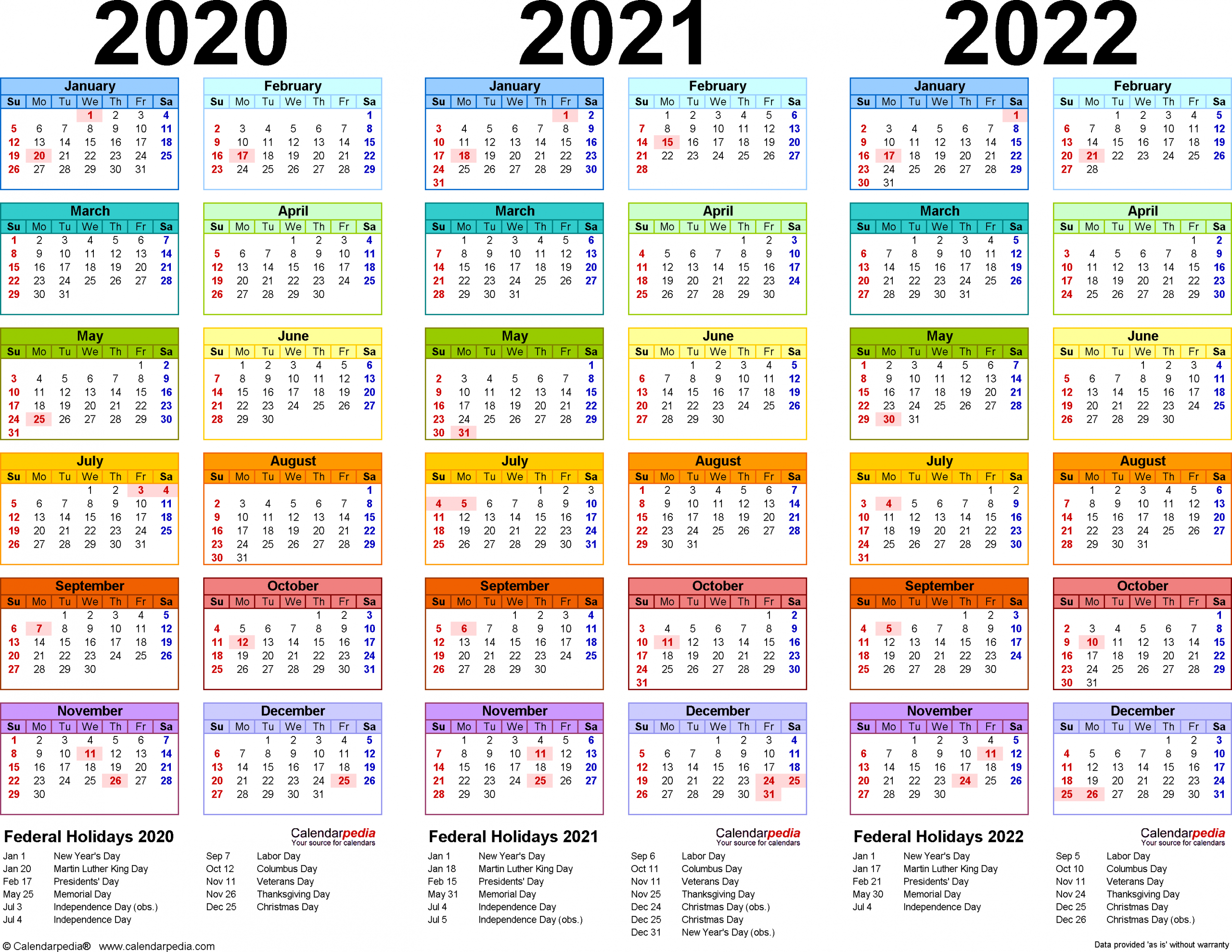 2020-2022 Three Year Calendar - Free Printable Word Templates