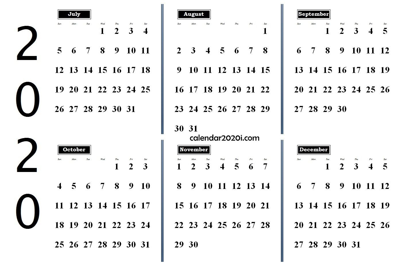 2020 6 Months Calendar From July To December | Monthly