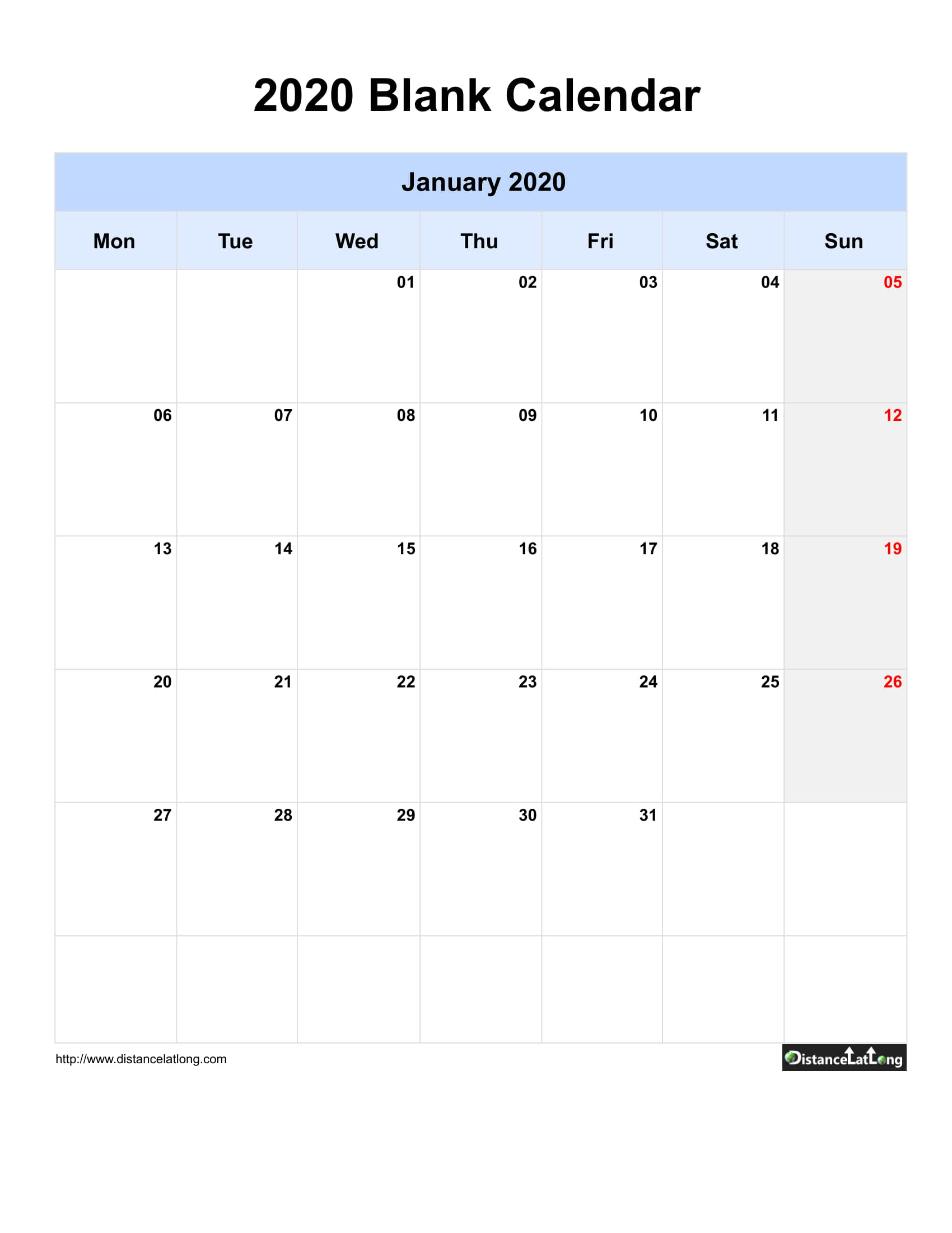 2020 Blank Calendar Blank Portrait Orientation Free