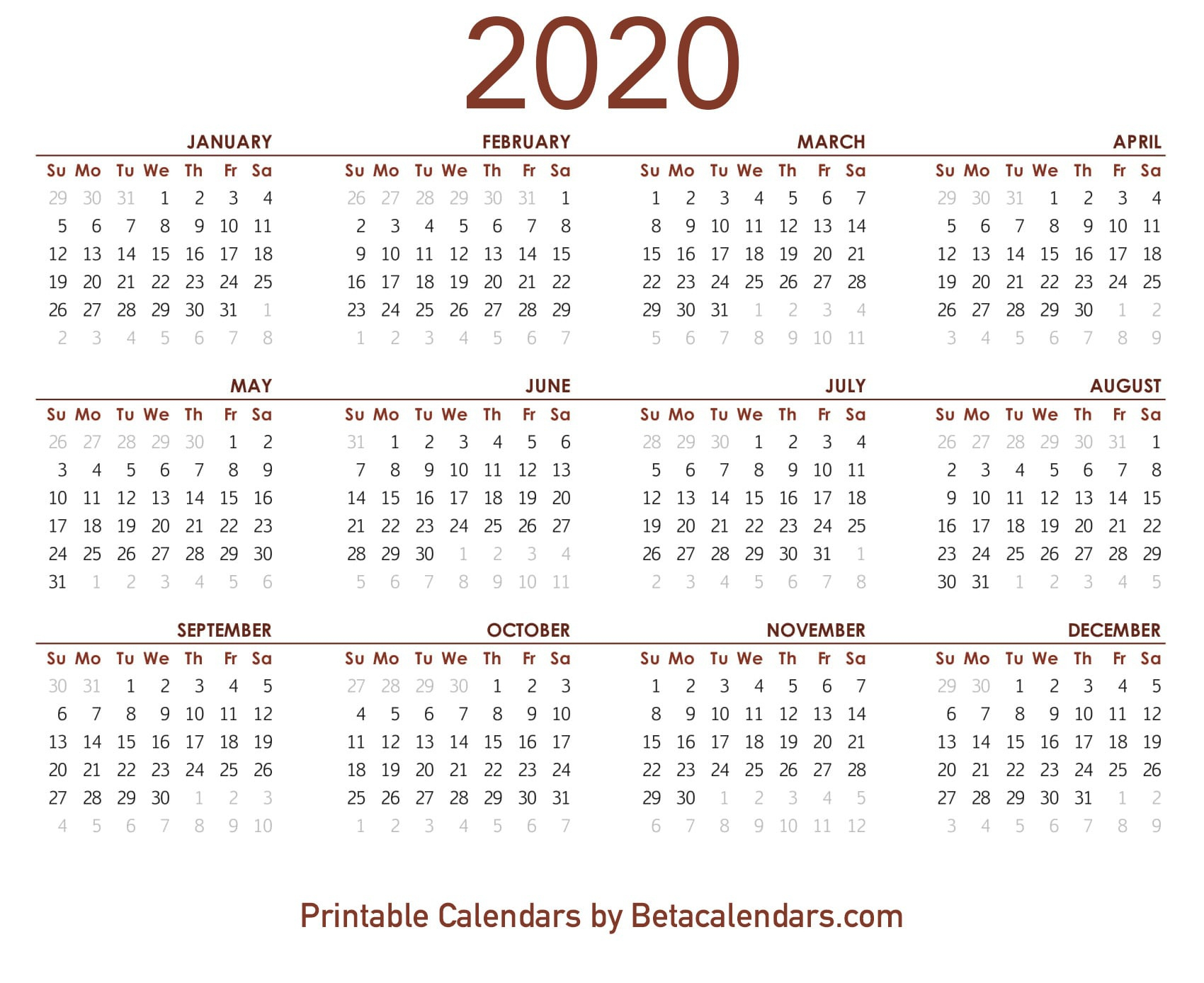 2020 Calendar - Free Printable Yearly Calendar 2020