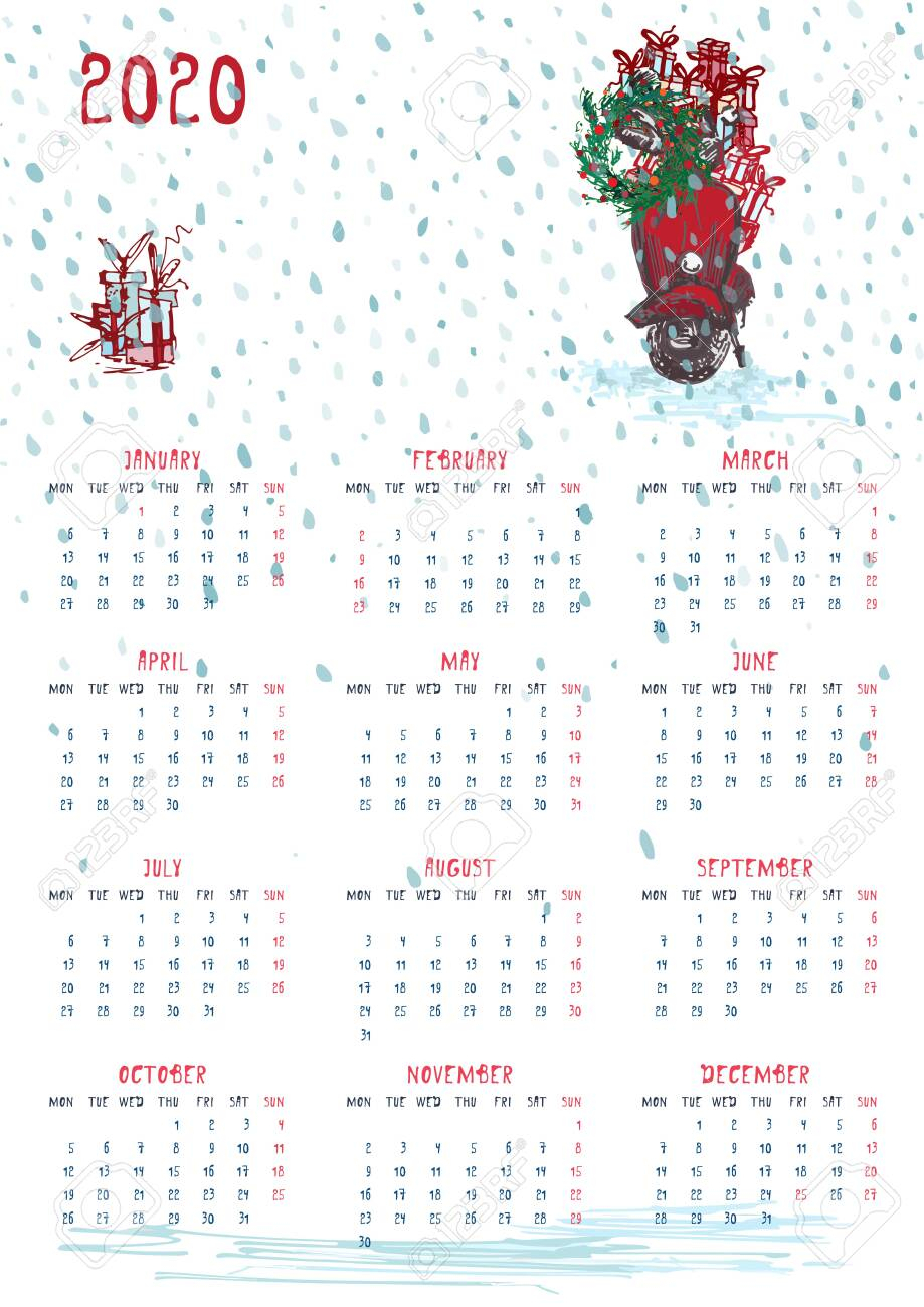 2020 Calendar Planner Whith Red Christmas Car, New Year Tree..