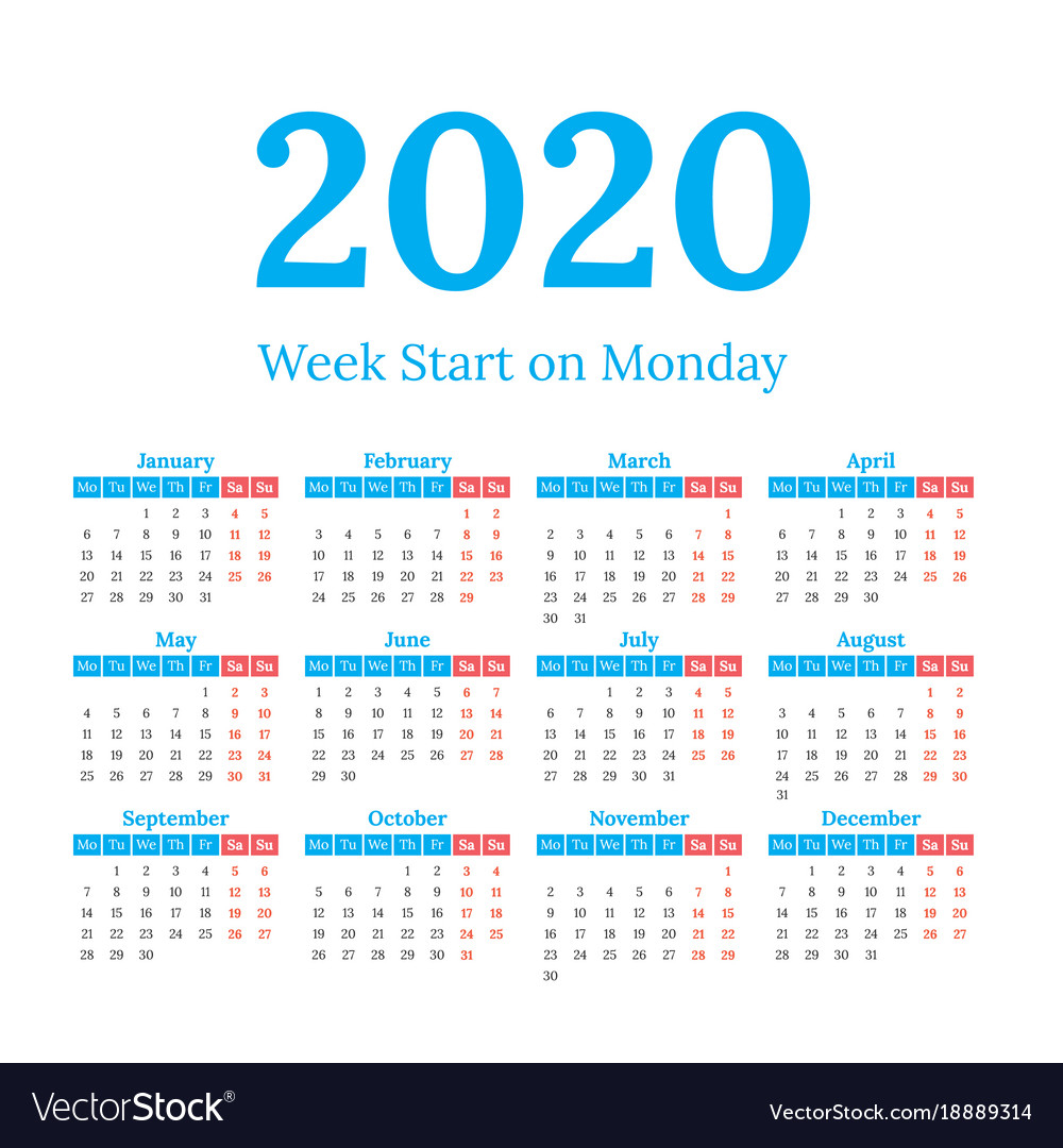 2020 Calendar Start On Monday