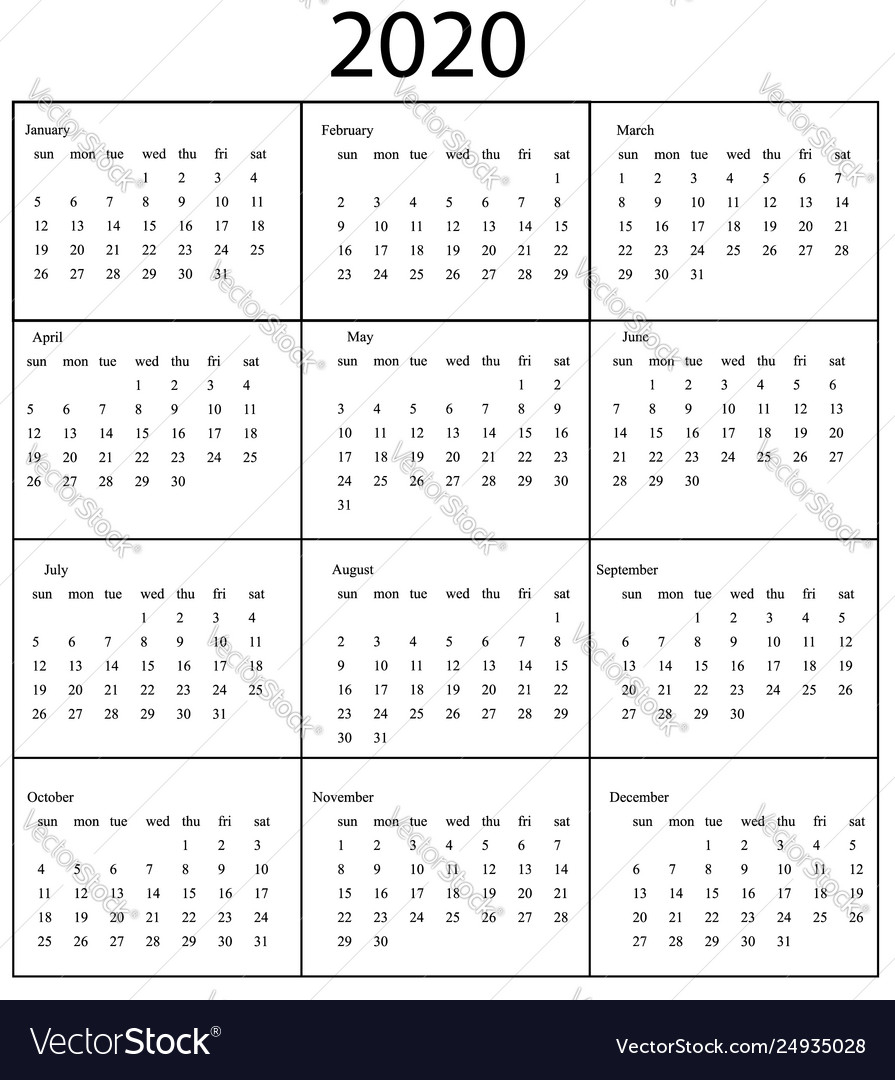 2020 Calendar Template Starts Sunday Year
