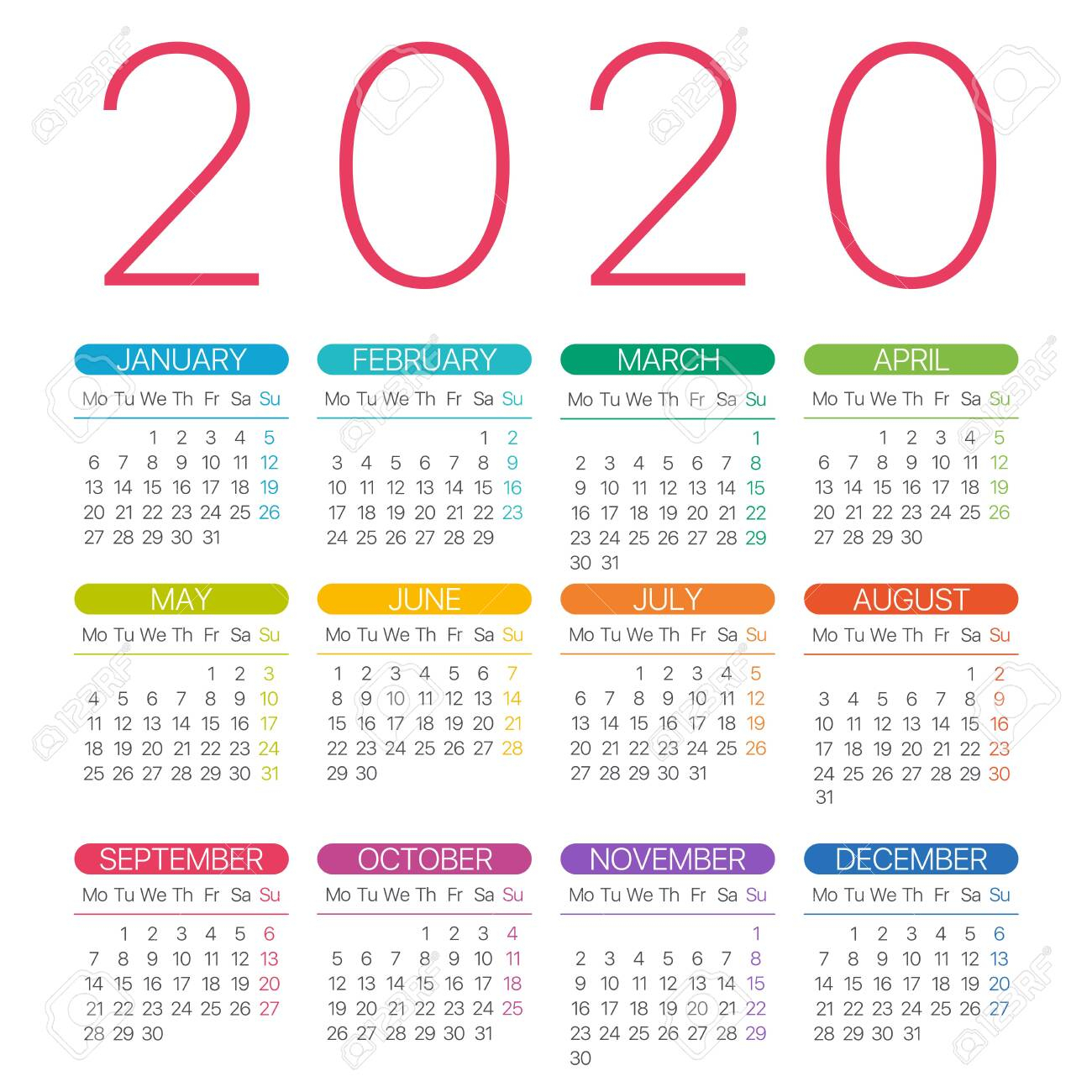 2020 Calendar Thin Line - Monday To Sunday - Vector Template