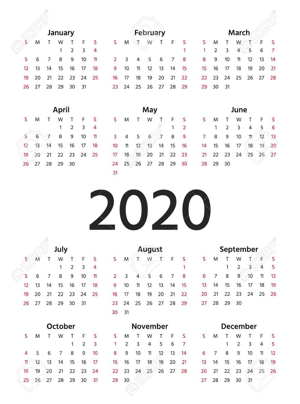 2020 Calendar. Vector. Stationery 2020 Year Vertical Template..