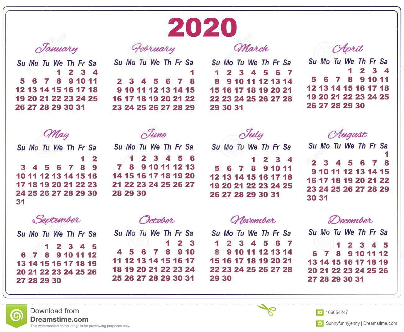 2020 Calendar With Big Numbers Stock Vector - Illustration