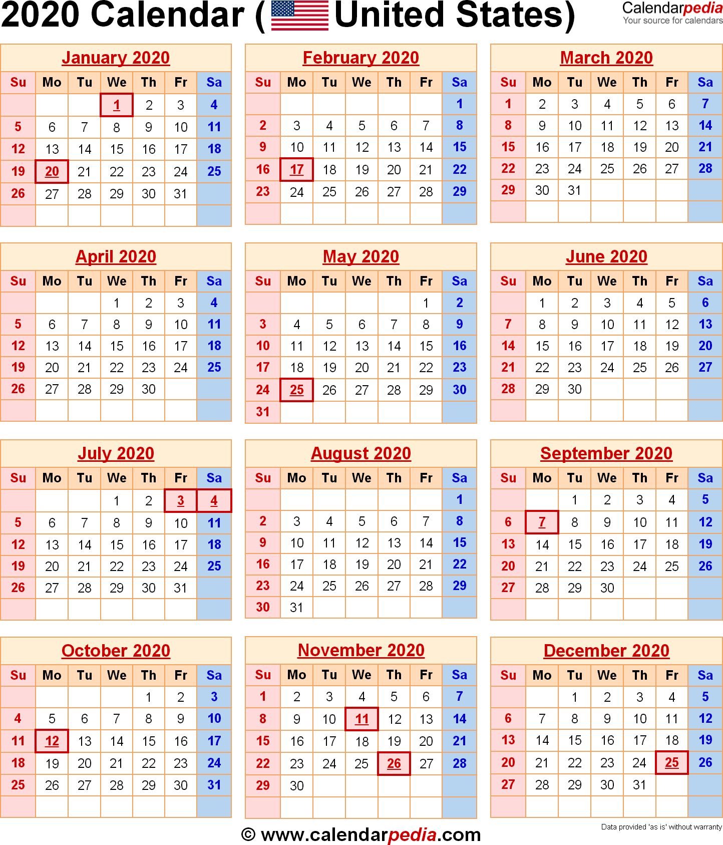 2020 Calendar With Federal Holidays