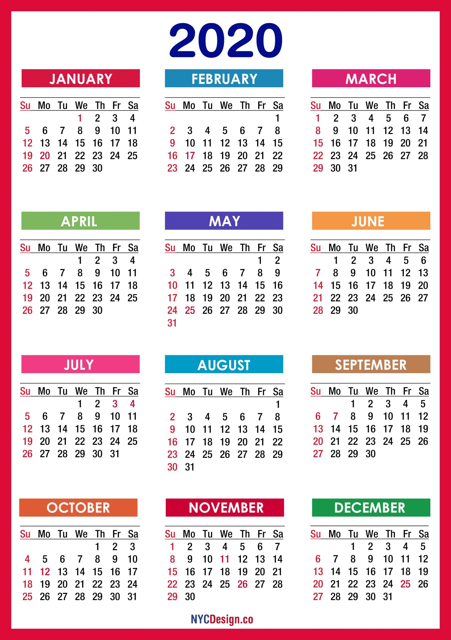 2020 Calendar With Holidays, Printable Free, Pdf, Colorful