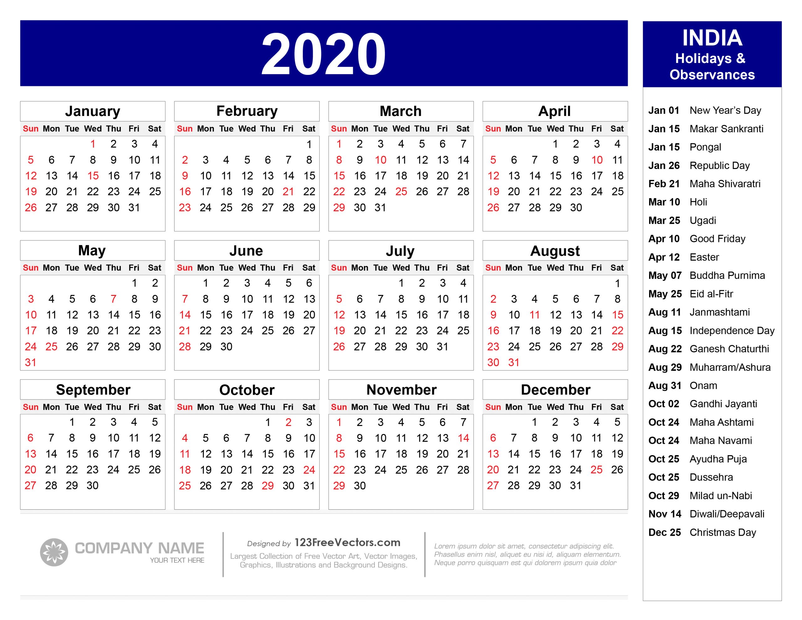 2020 Calendar With Indian Holidays Pdf