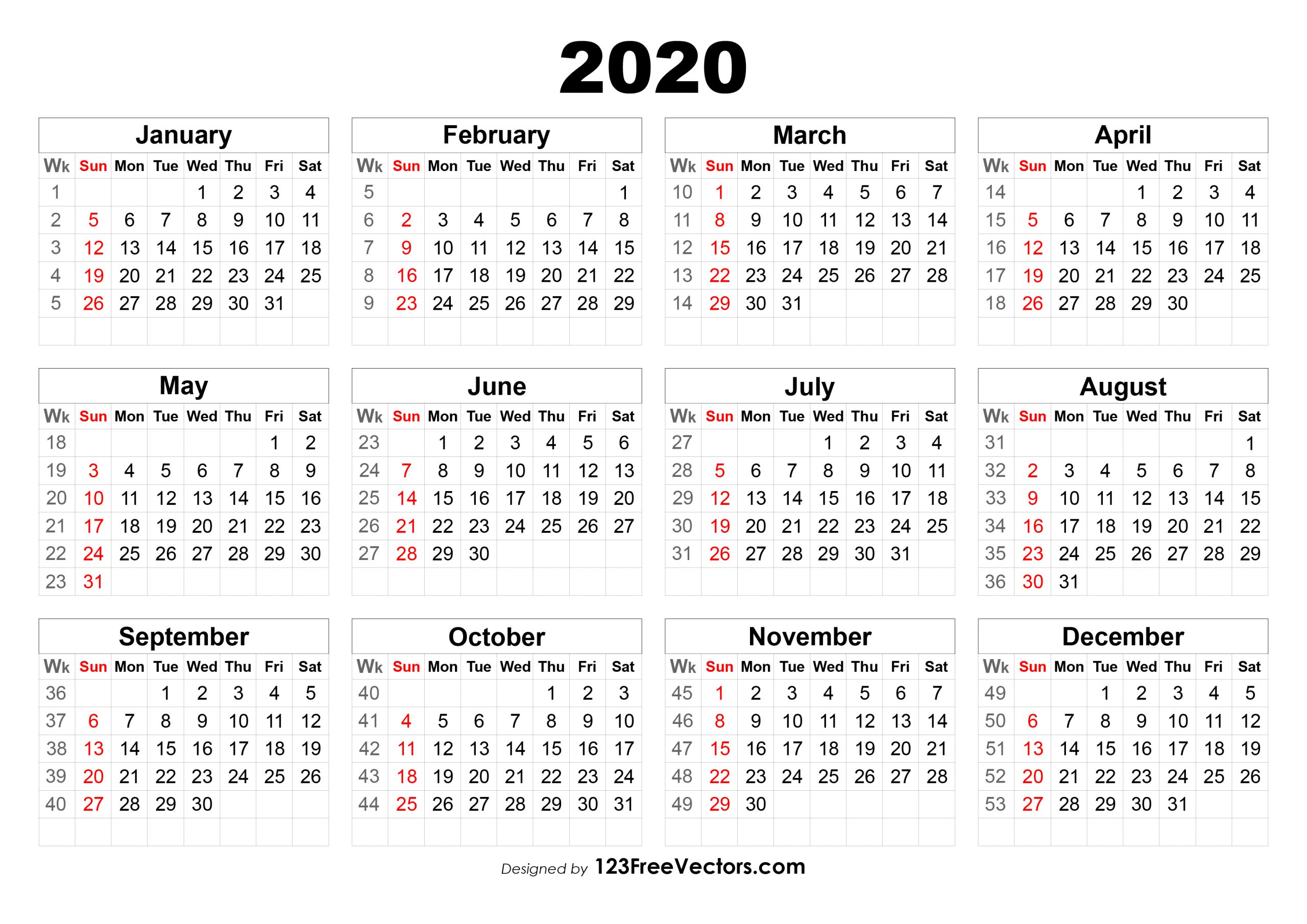 2020 Calendar With Week Numbers