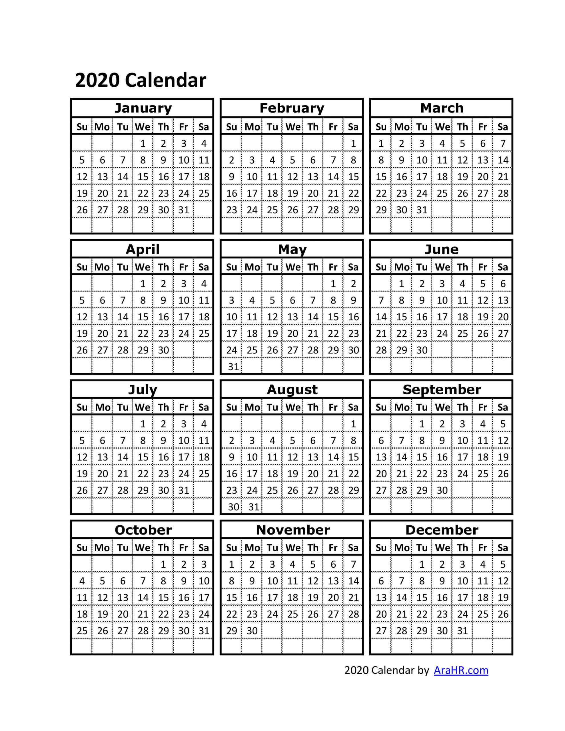 2020 Calendar - Yearly - Monthly - Free - Printable