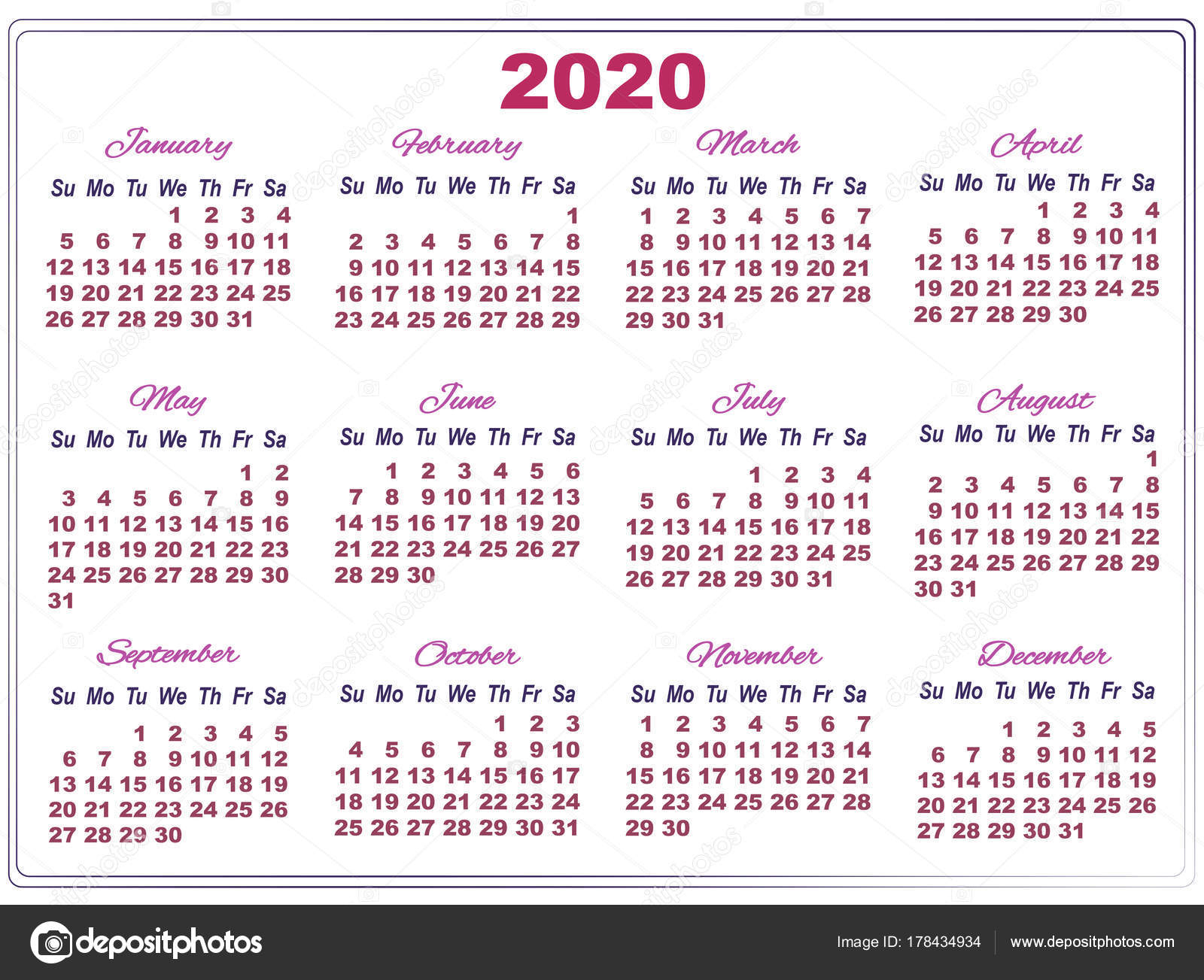 2020 Году Календарь С Больших Чисел — Векторное Изображение