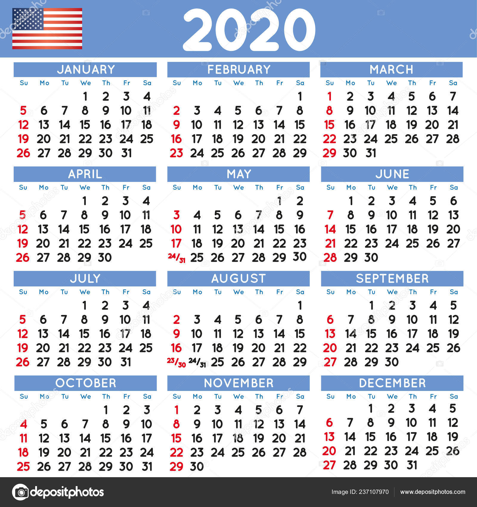 2020 Году Элегантный Квадрат Календарь Английский Сша 2020