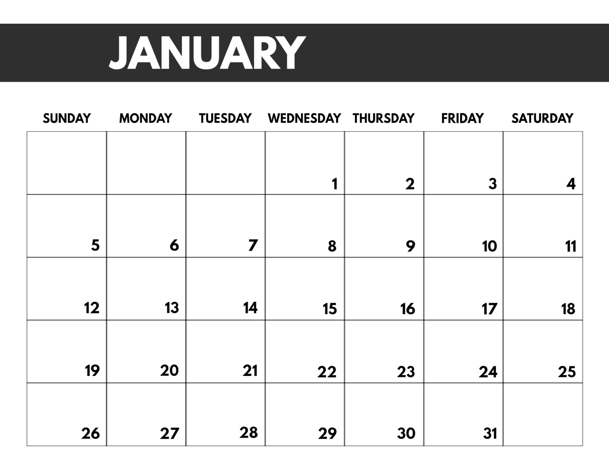 Take Printable Monthly Calendar 2020 Bold Big Numbers