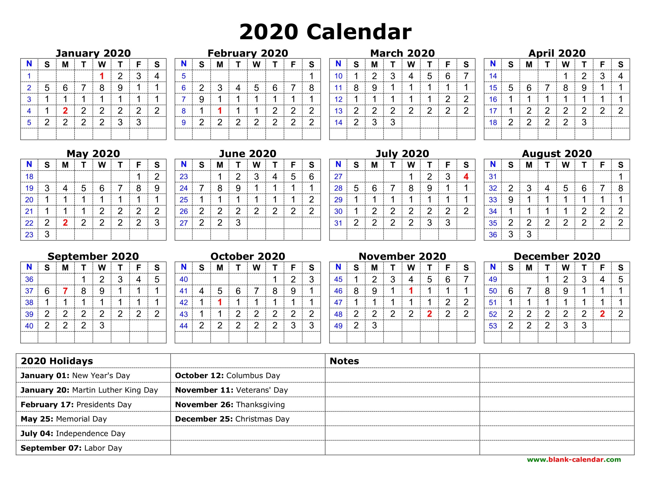2020 Holiday Calendar Printable | Calendar Printable Free