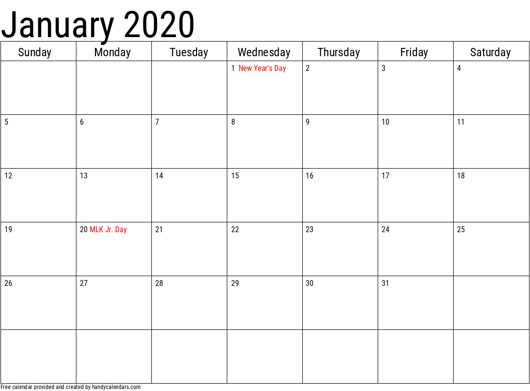 2020 January Calendars - Handy Calendars