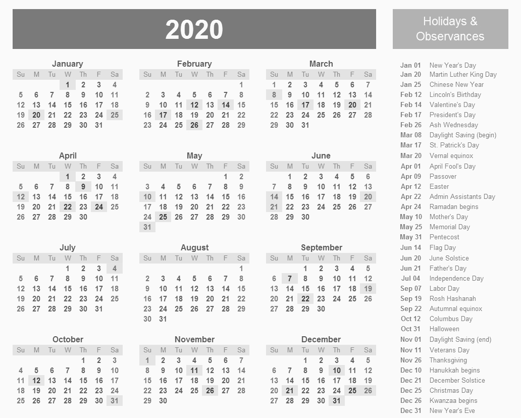 2020 Monthly Calendar Template Landscape | Monthly Calendar