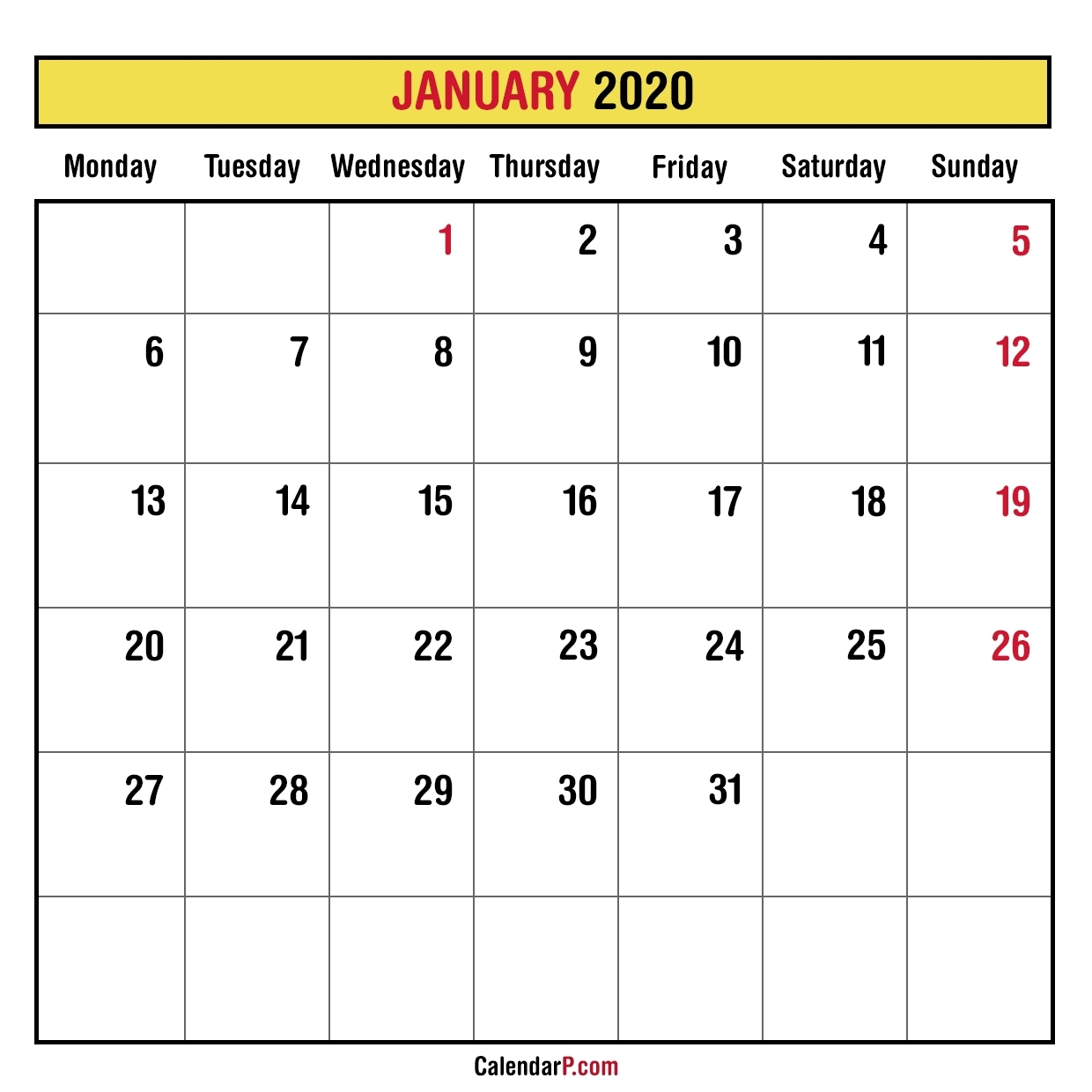 2020 Monthly Planner Printable Free – Monday Start, Yellow