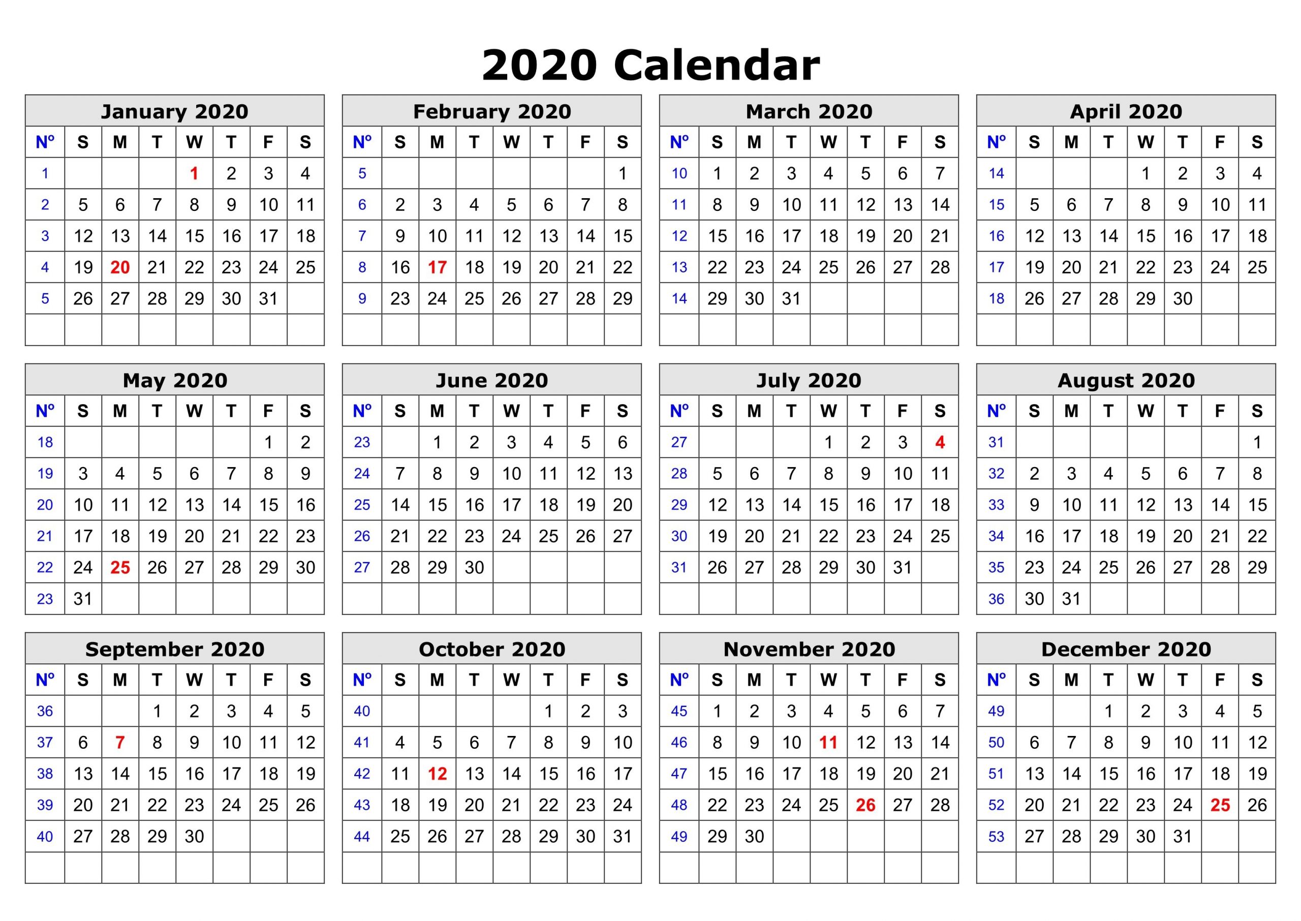 2020 One Page Calendar Printable | Calendar 2020