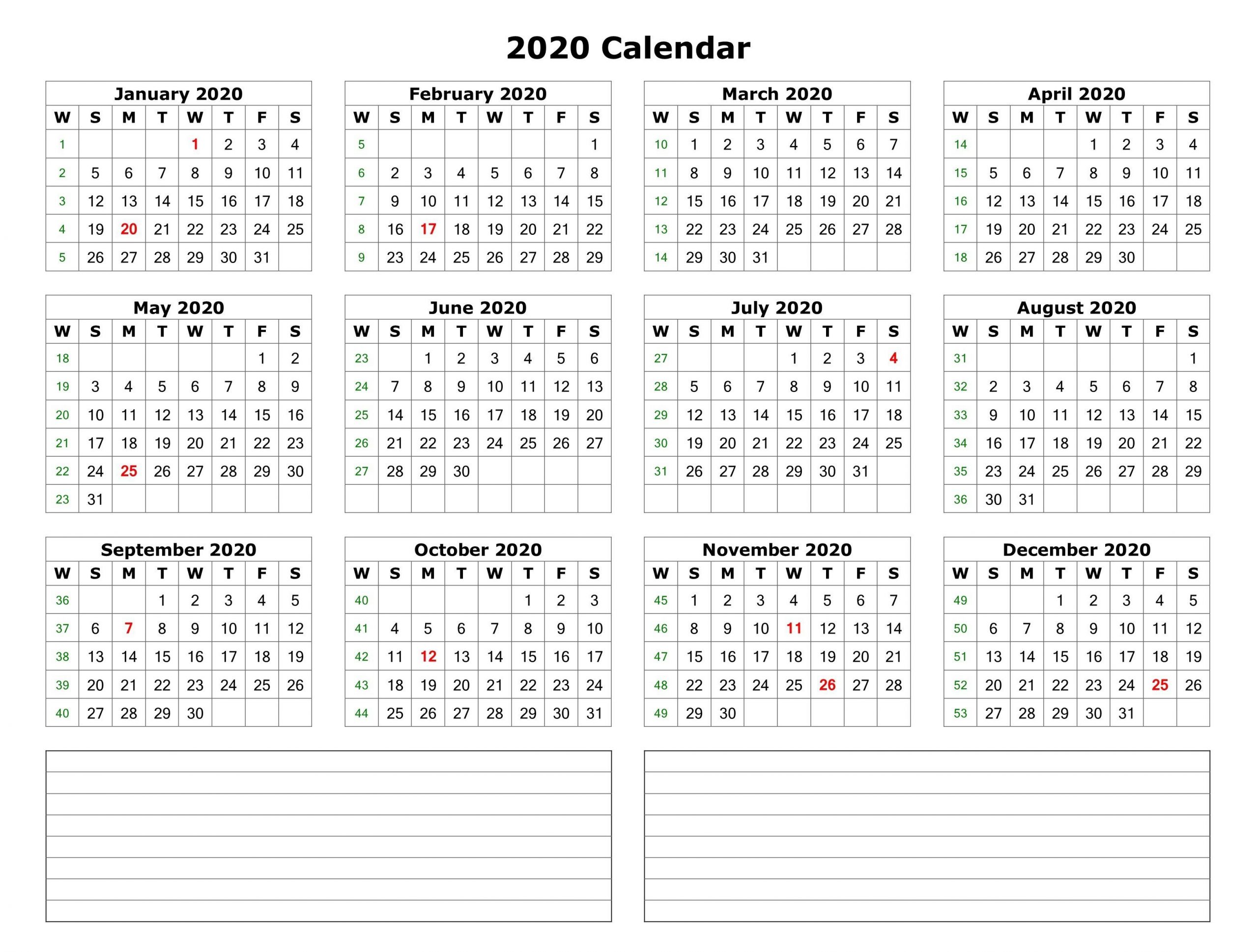 2020 One Page Calendar With Notes | Printable Yearly