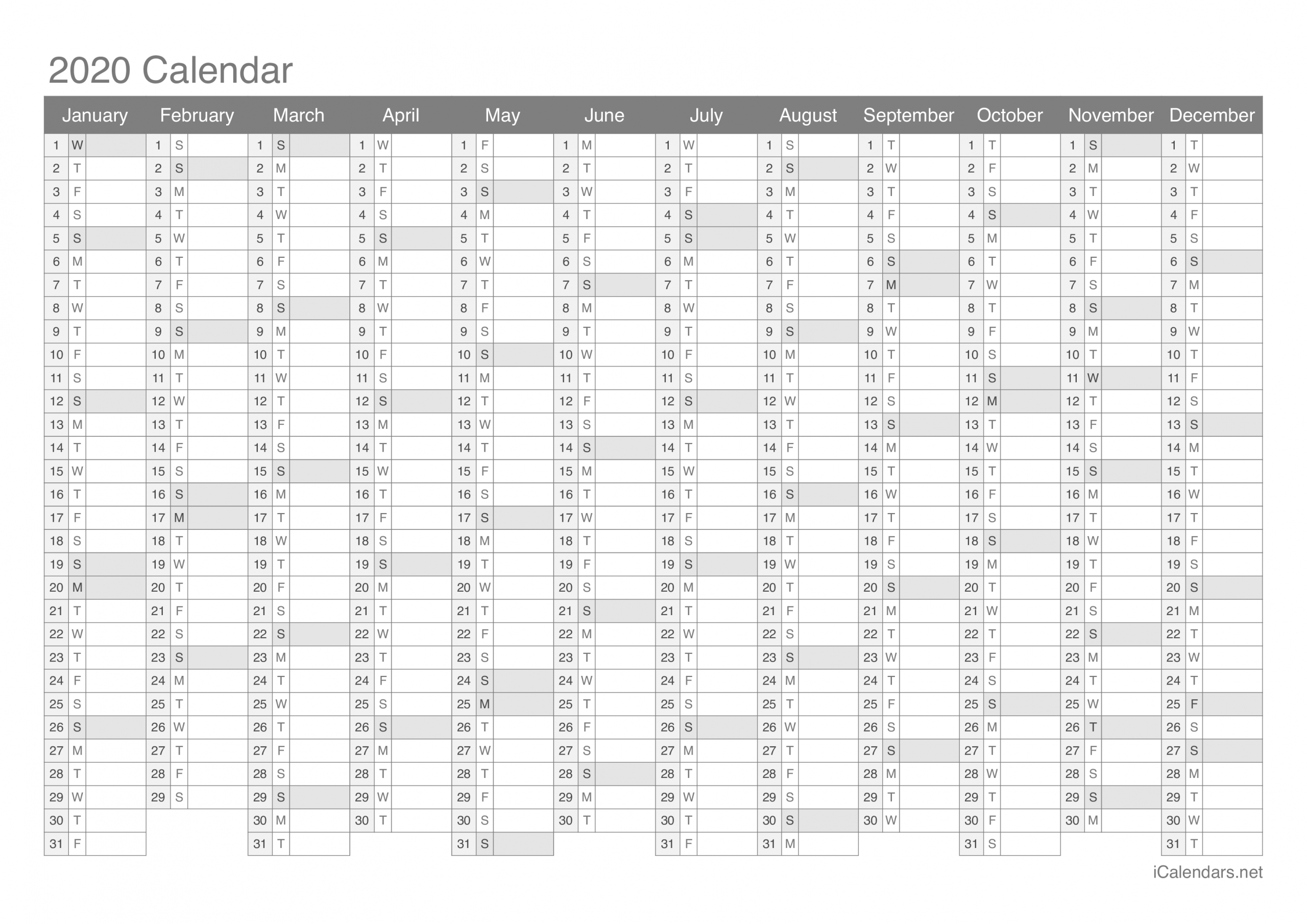 2020 Printable Calendar - Pdf Or Excel - Icalendars