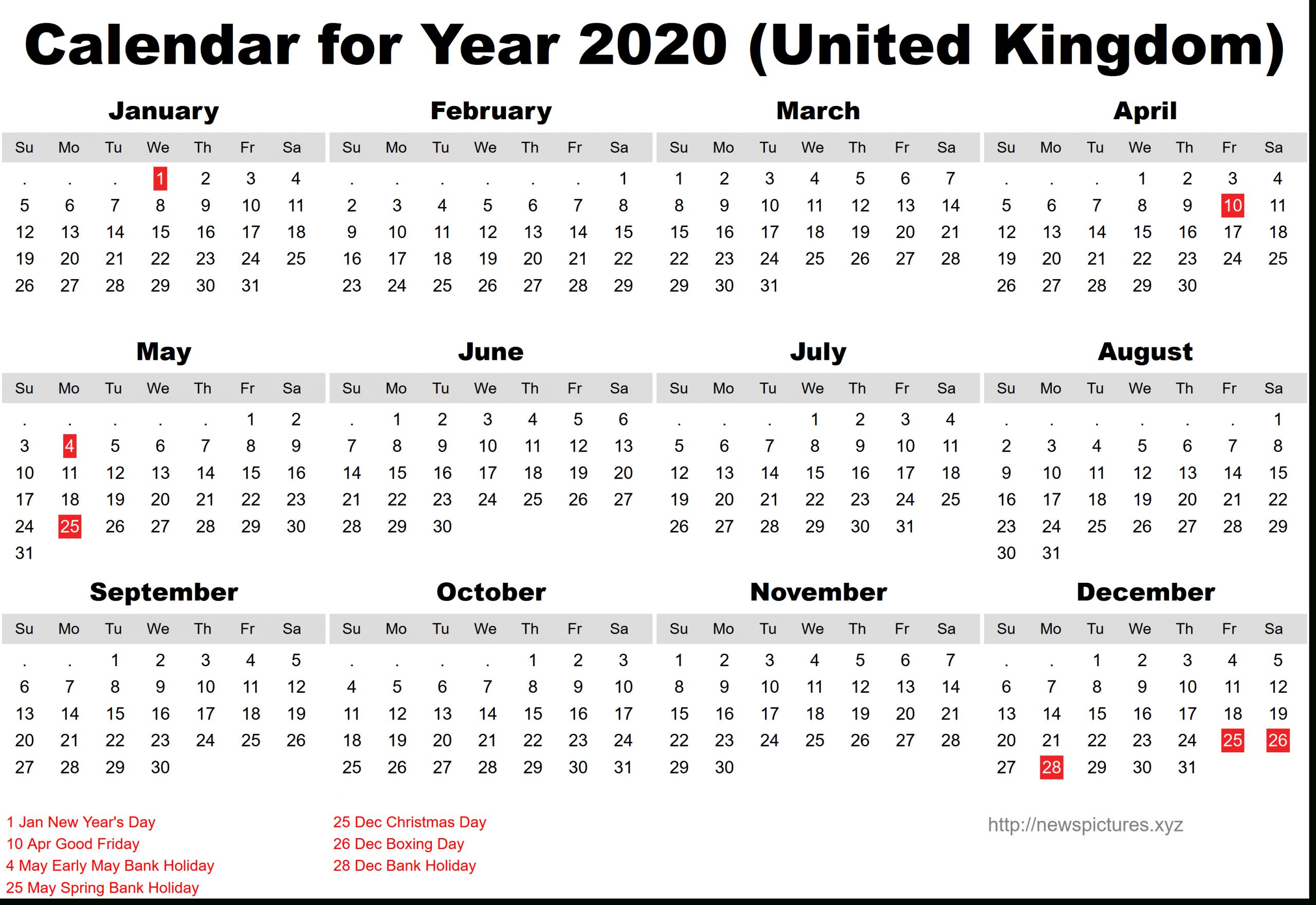 2020 Printable Calendar With United Kingdom Public Holidays
